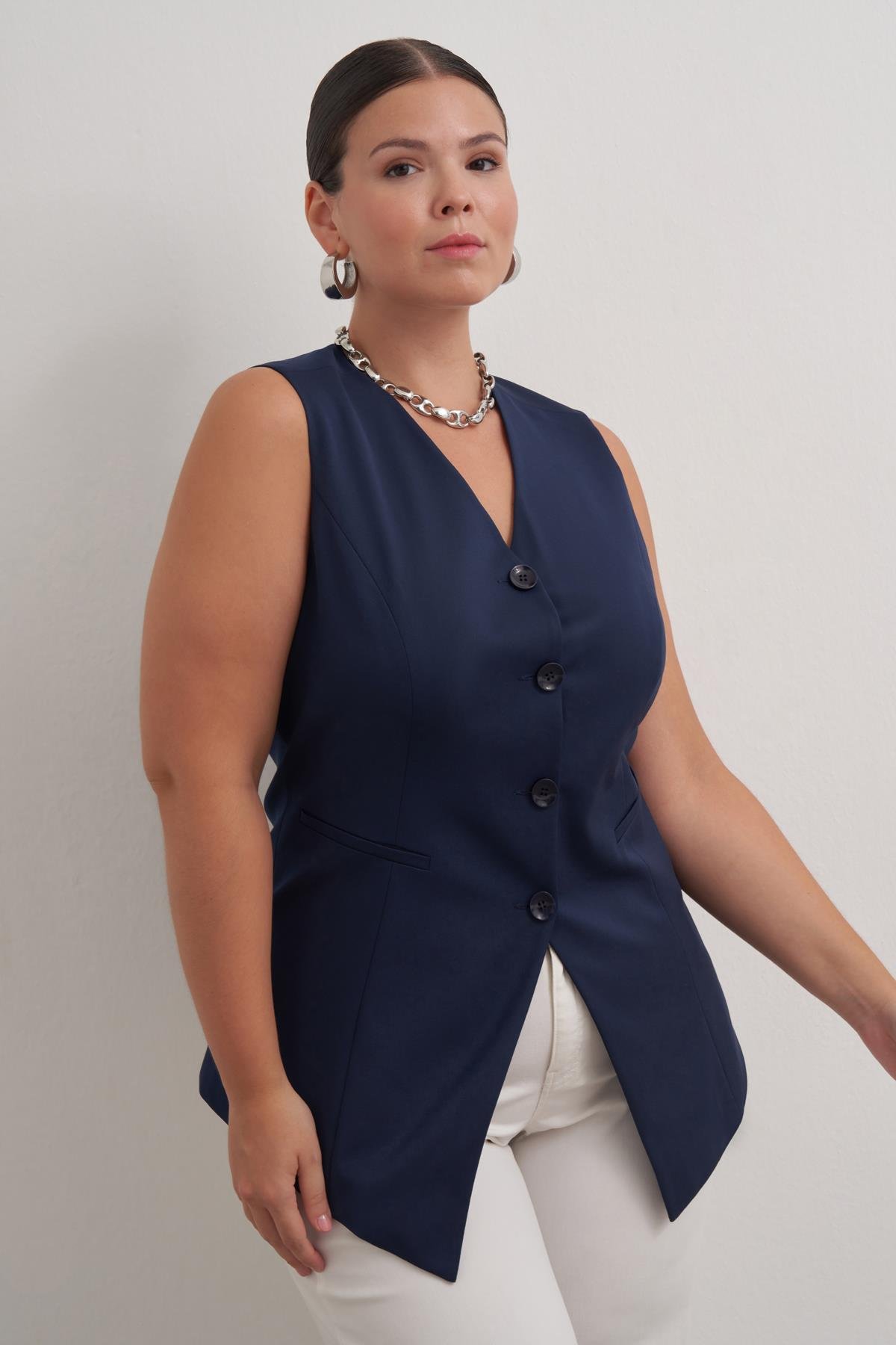 Myline-Astarlı Belden Oturtmalı Yelek-Büyük Beden Yelek-149595