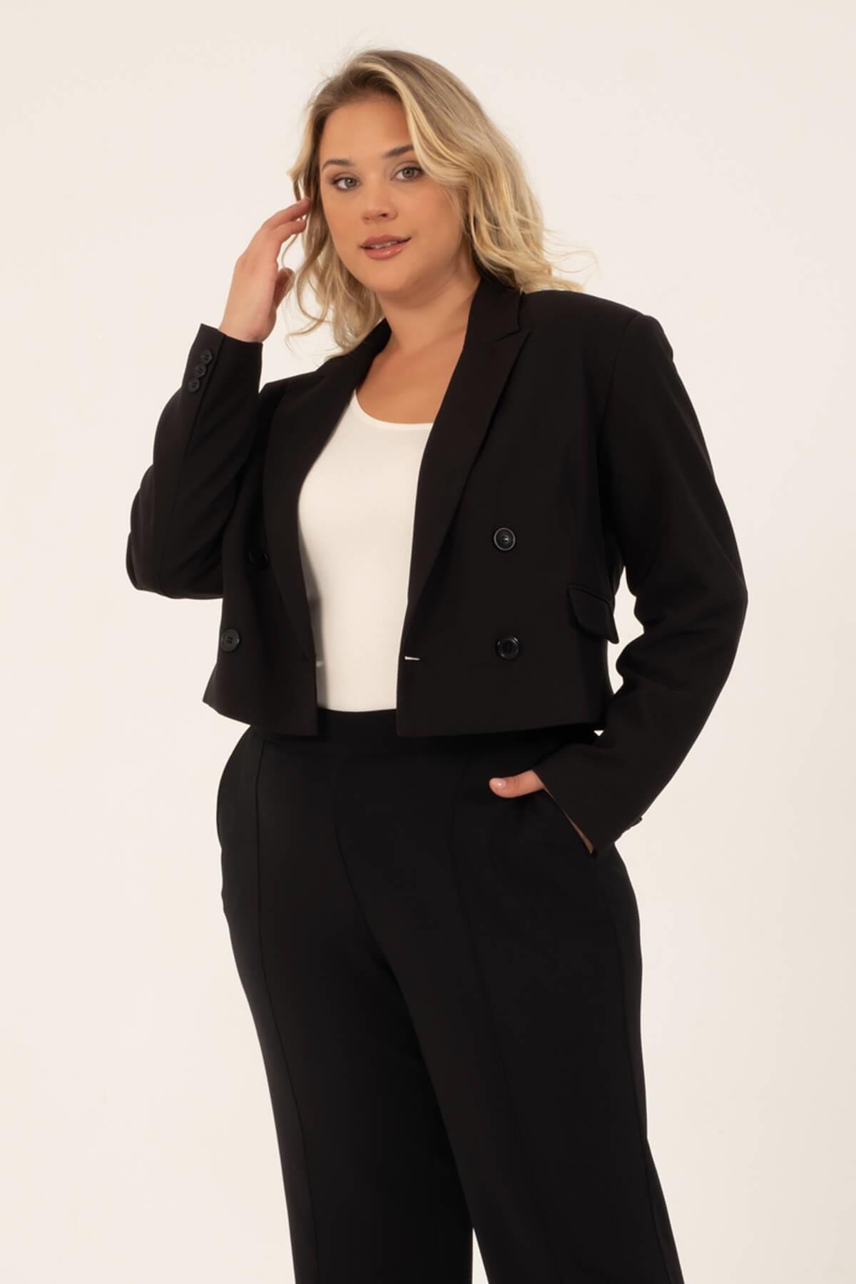Myline-Astarlı Blazer Crop Ceket-Büyük Beden Ceket-128757