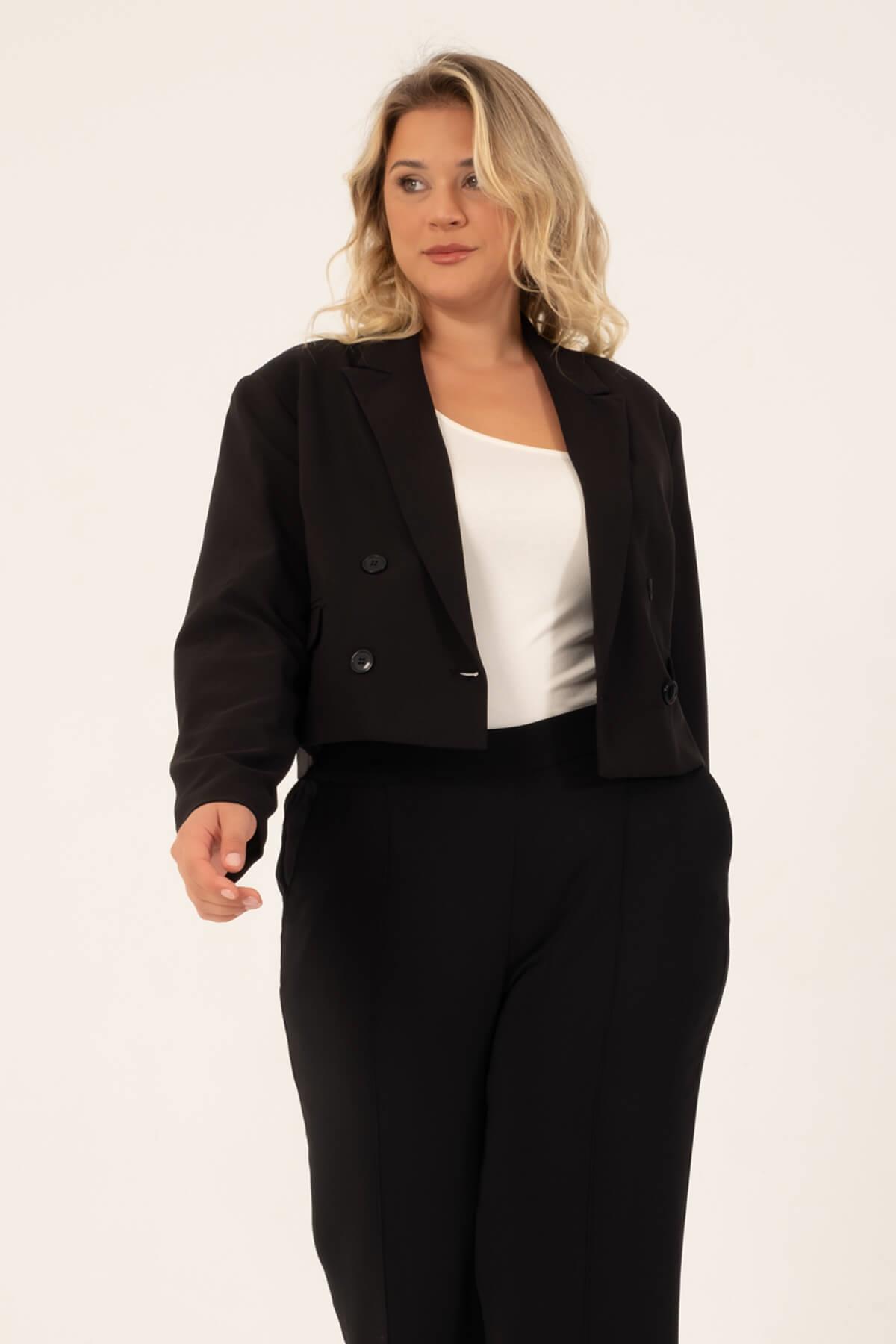 Myline-Astarlı Blazer Crop Ceket-Büyük Beden Ceket-128757