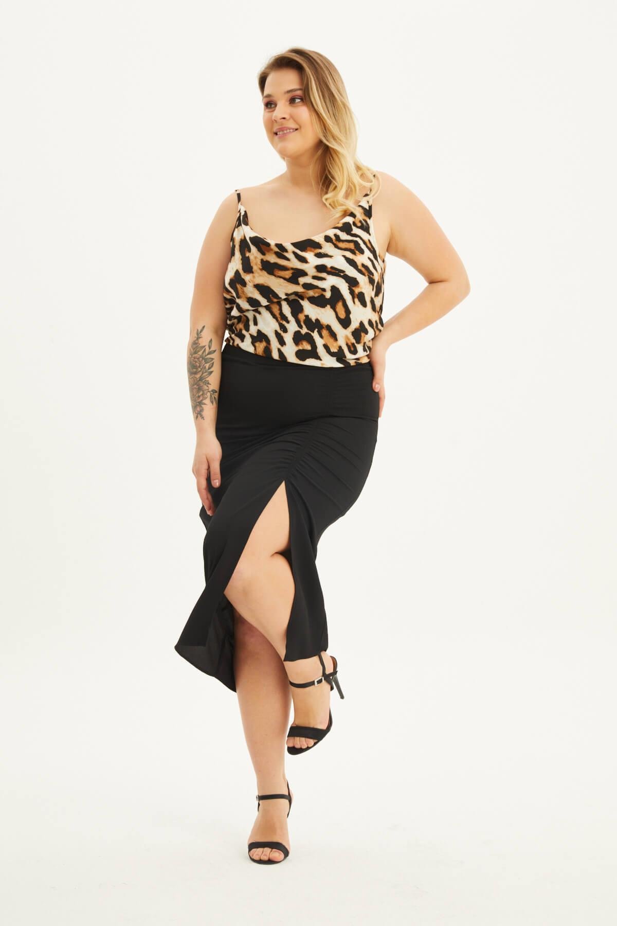 Myline-Astarlı Büzgü Detaylı Midi Etek -Büyük Beden Etek-118480