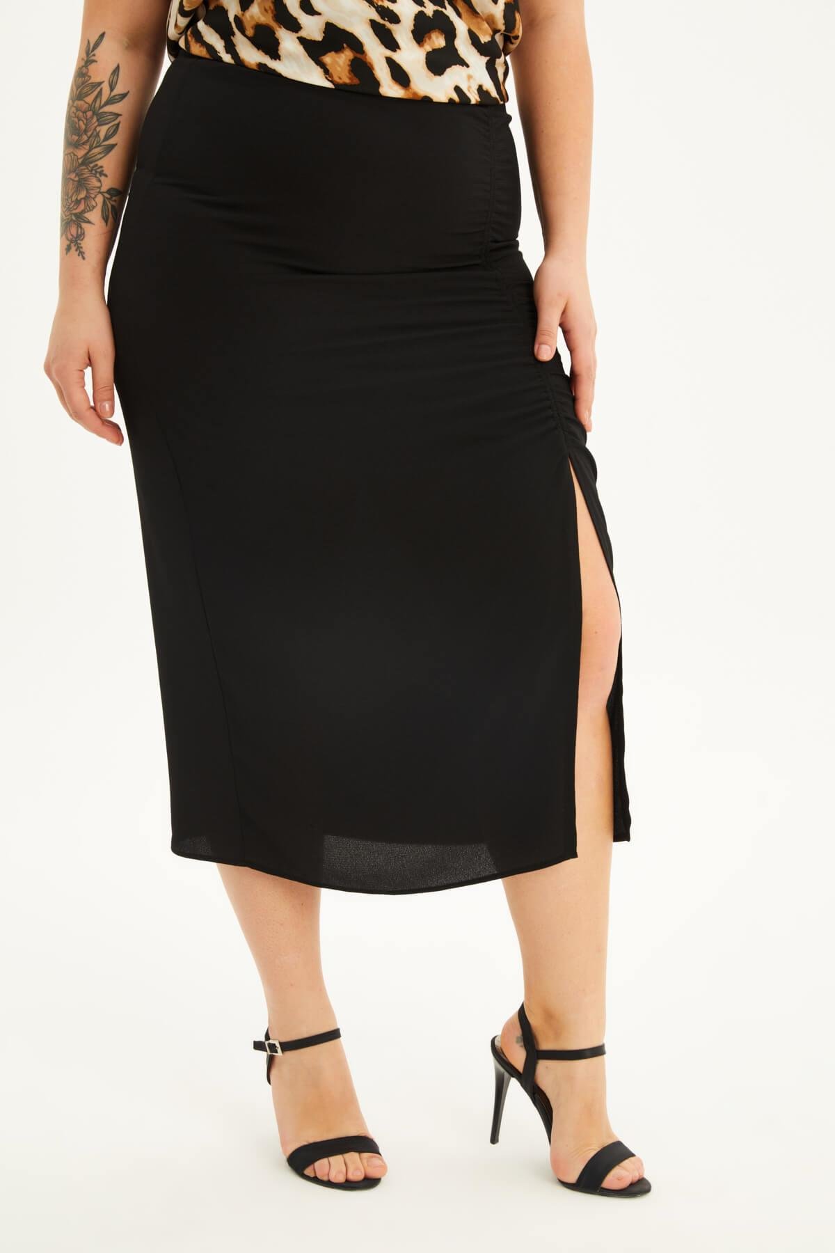 Myline-Astarlı Büzgü Detaylı Midi Etek -Büyük Beden Etek-118480