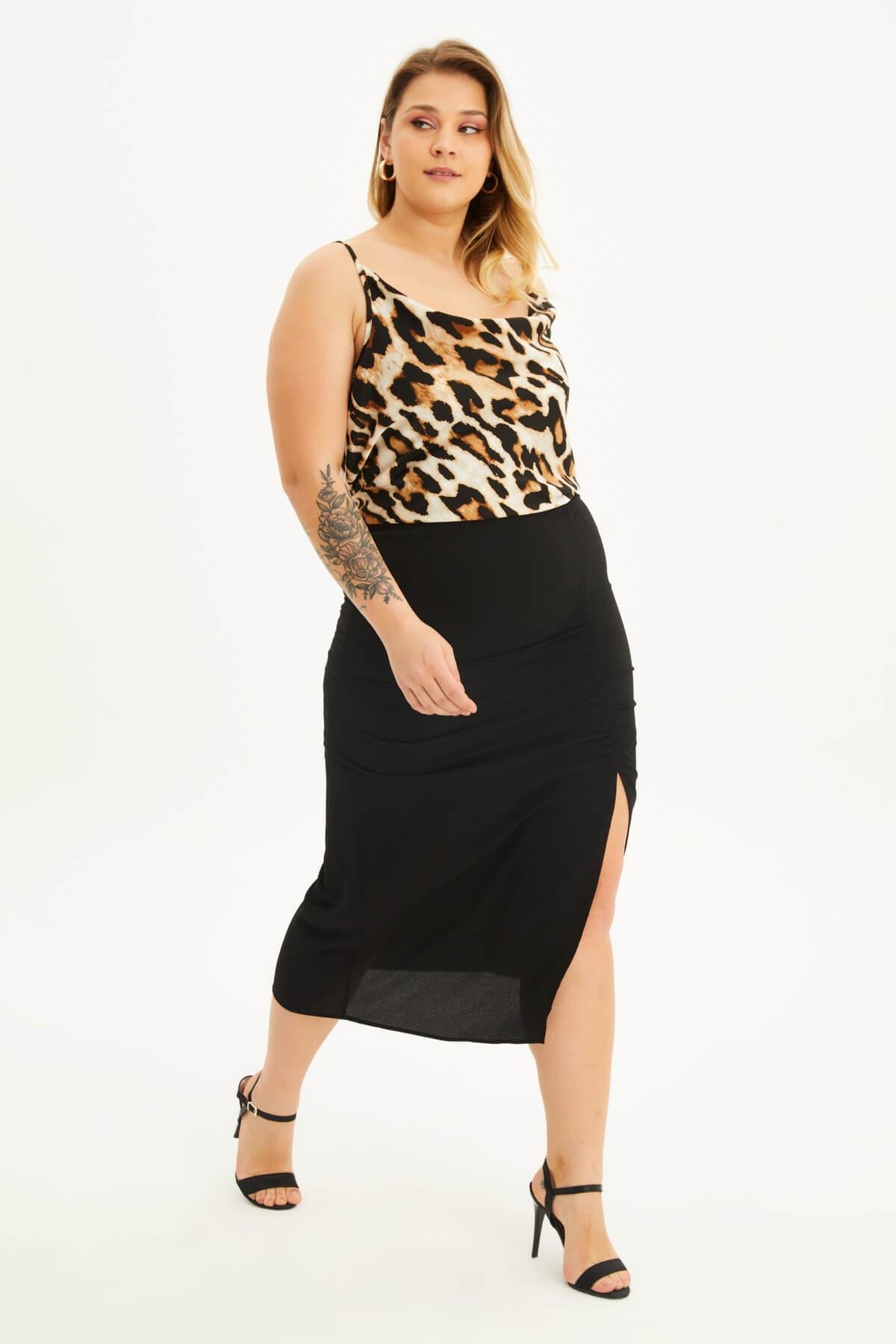 Myline-Astarlı Büzgü Detaylı Midi Etek -Büyük Beden Etek-118480