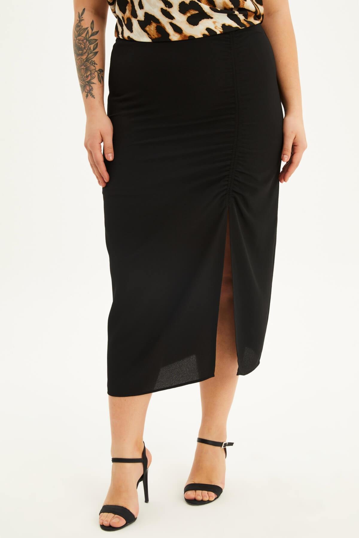 Myline-Astarlı Büzgü Detaylı Midi Etek -Büyük Beden Etek-118480