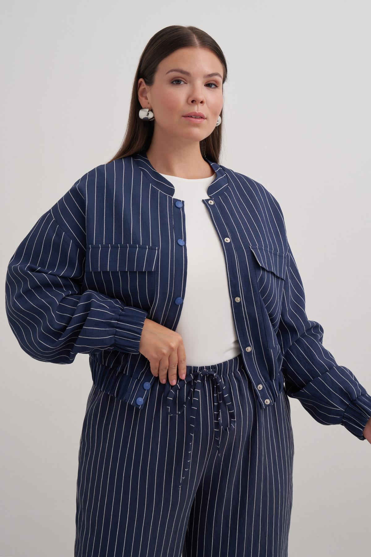 Myline-Astarlı Crop Çizgili Bomber Ceket-Büyük Beden Ceket-149592