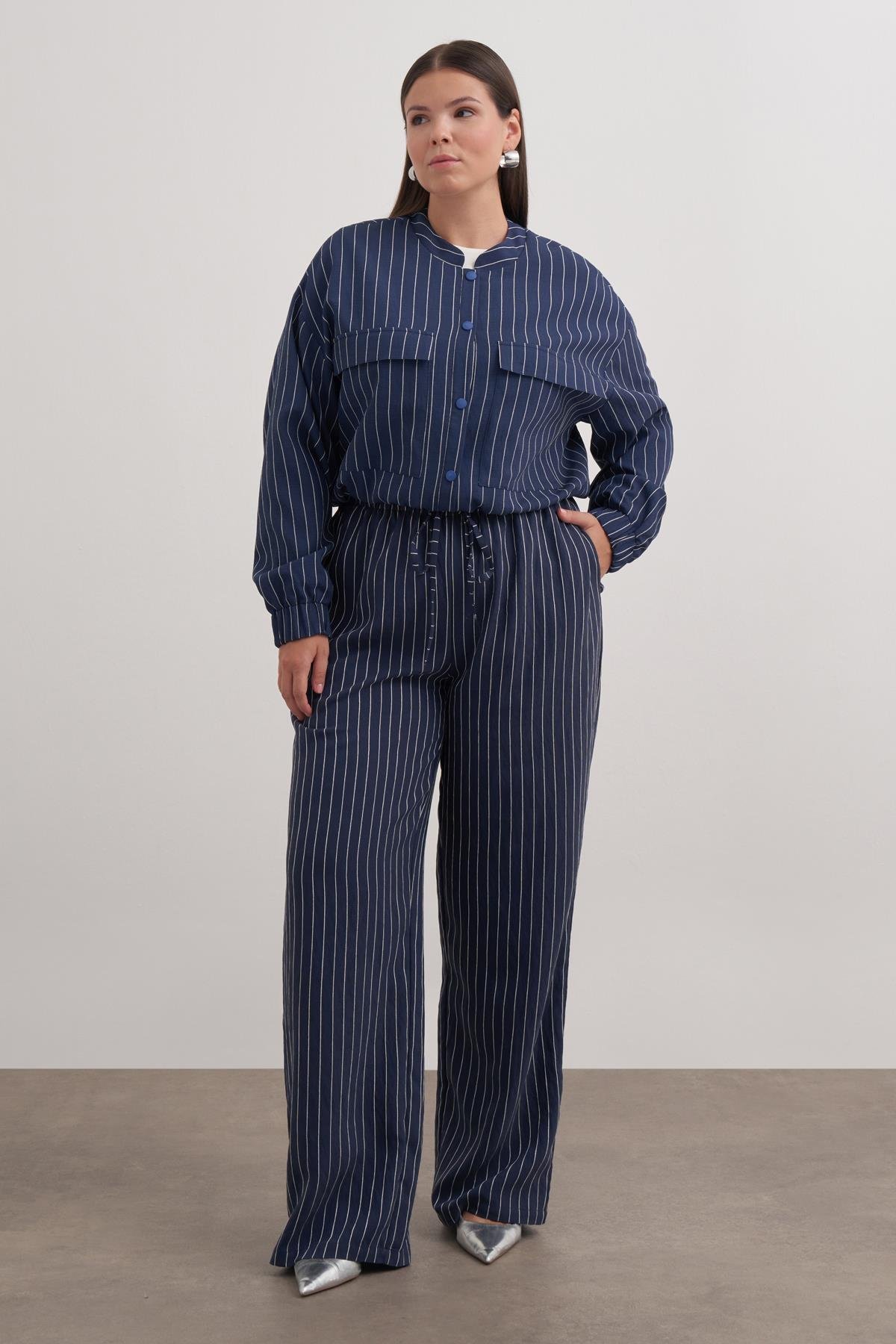 Myline-Astarlı Crop Çizgili Bomber Ceket-Büyük Beden Ceket-149592