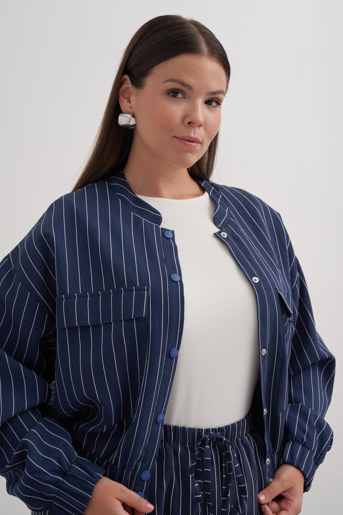 Myline-Astarlı Crop Çizgili Bomber Ceket-Büyük Beden Ceket-149592