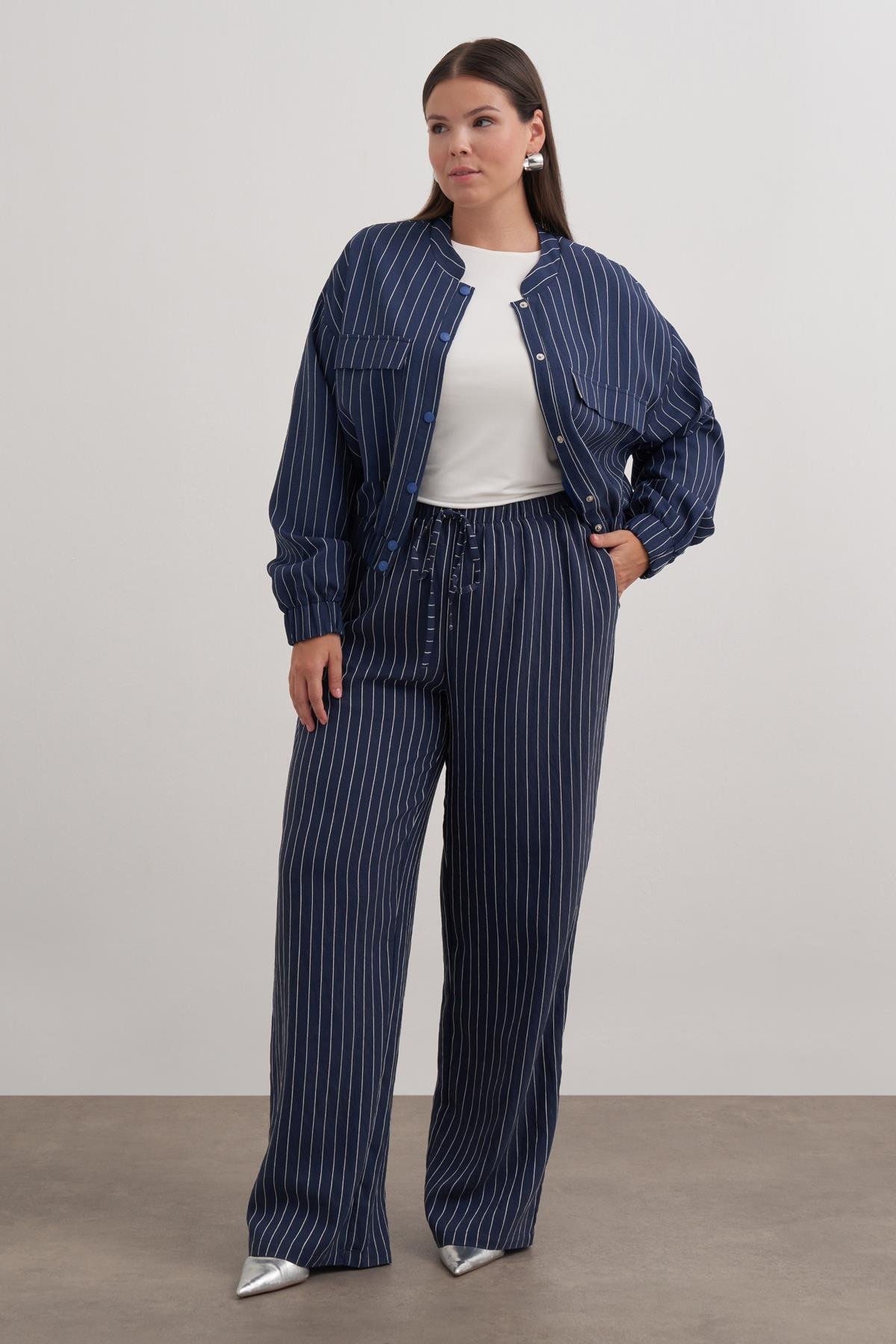 Myline-Astarlı Crop Çizgili Bomber Ceket-Büyük Beden Ceket-149592