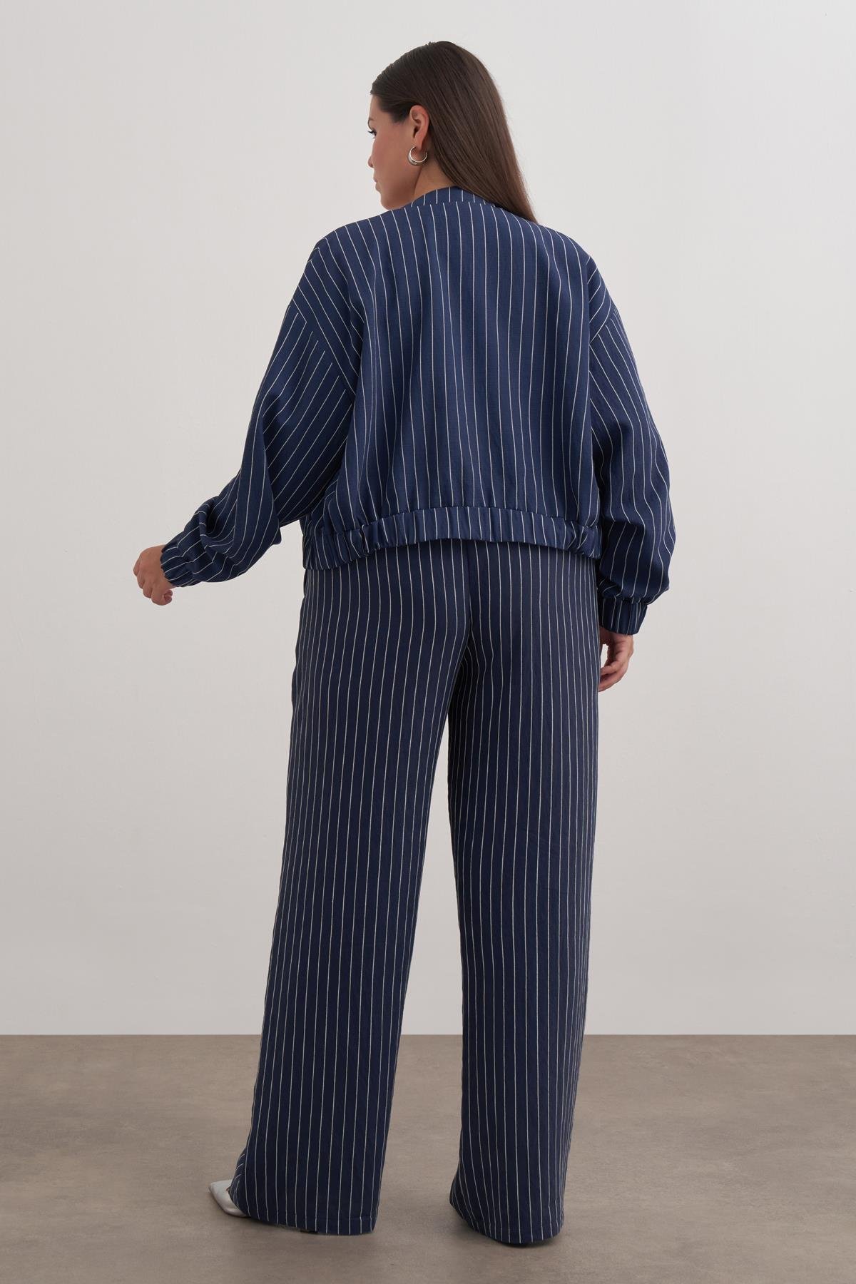 Myline-Astarlı Crop Çizgili Bomber Ceket-Büyük Beden Ceket-149592