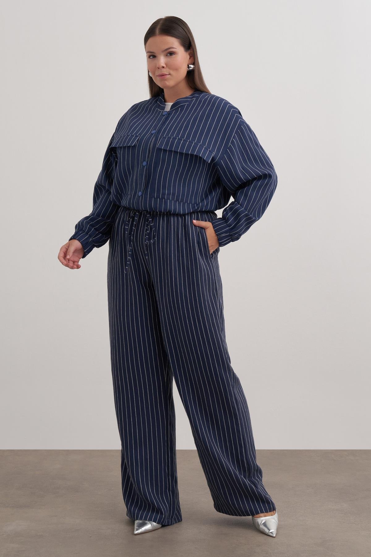 Myline-Astarlı Crop Çizgili Bomber Ceket-Büyük Beden Ceket-149592