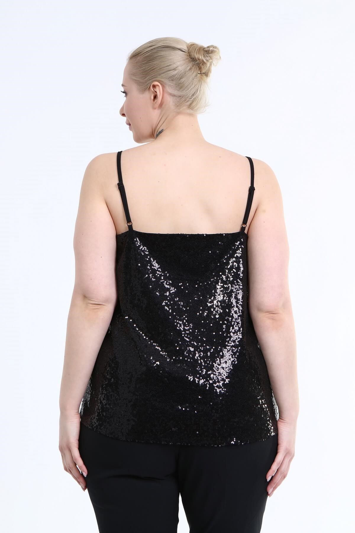 Myline-Astarlı Degaje Yaka Payetli Bluz-Büyük Beden Bluz-66708