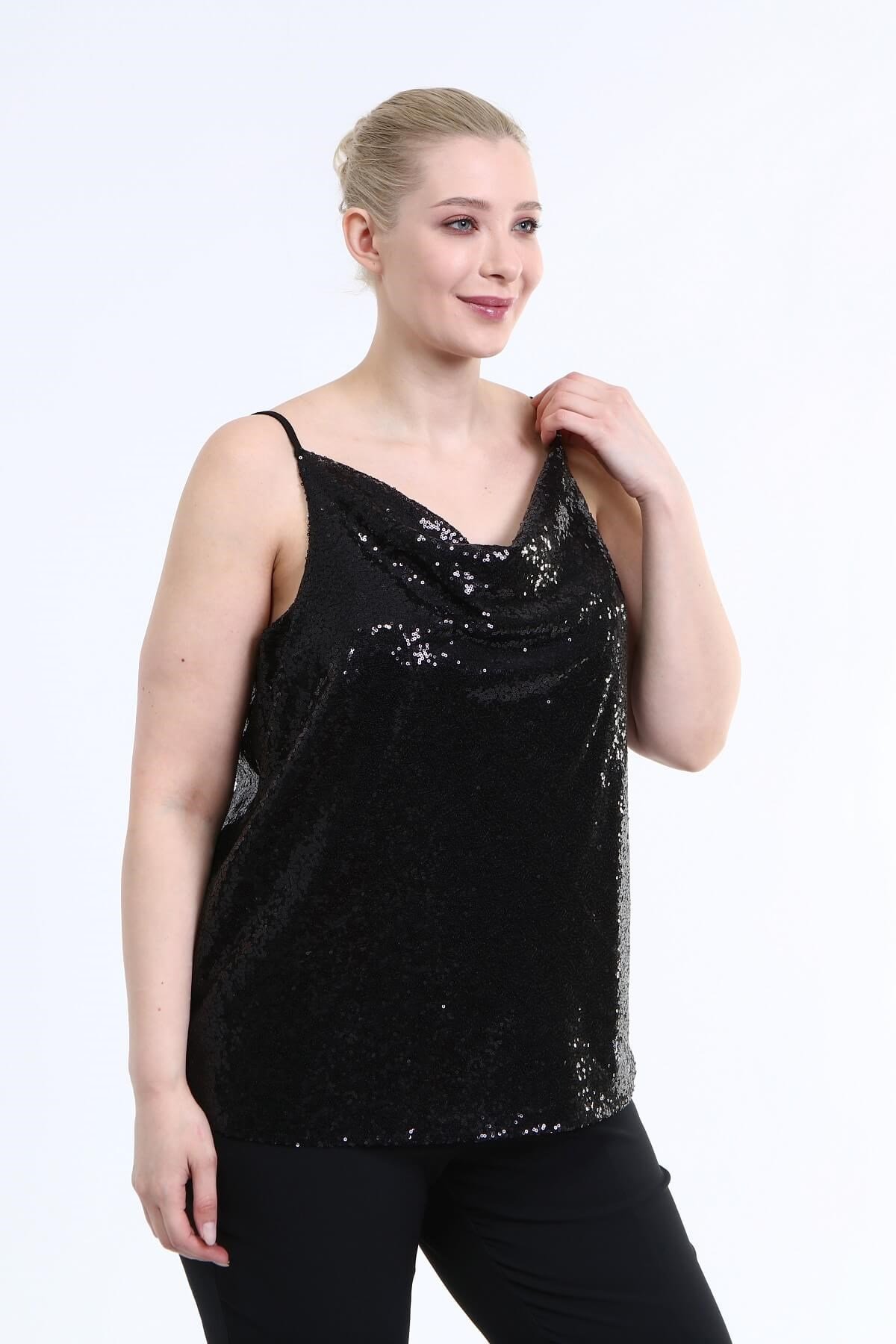 Myline-Astarlı Degaje Yaka Payetli Bluz-Büyük Beden Bluz-66708