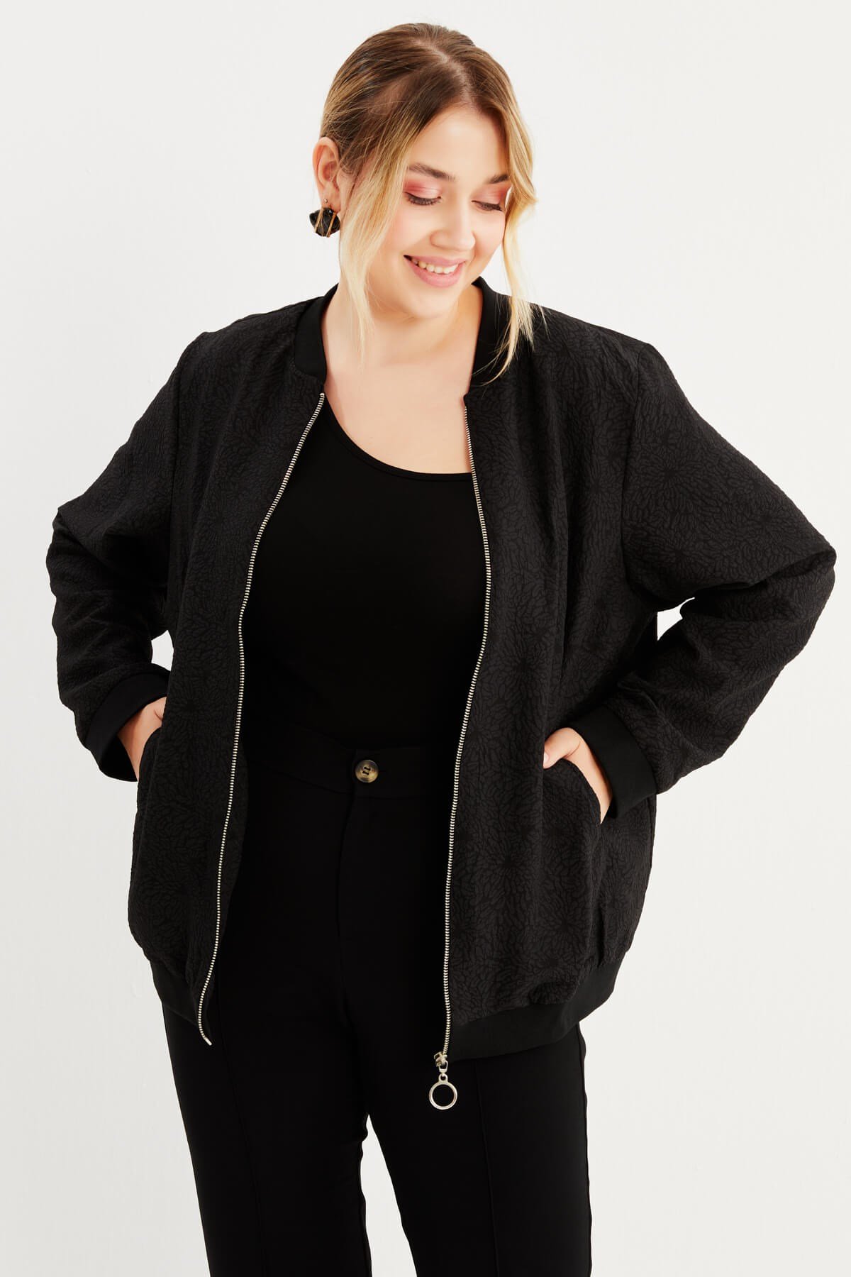 Myline-Astarlı Fermuarlı Bomber Ceket-Büyük Beden Ceket-77207