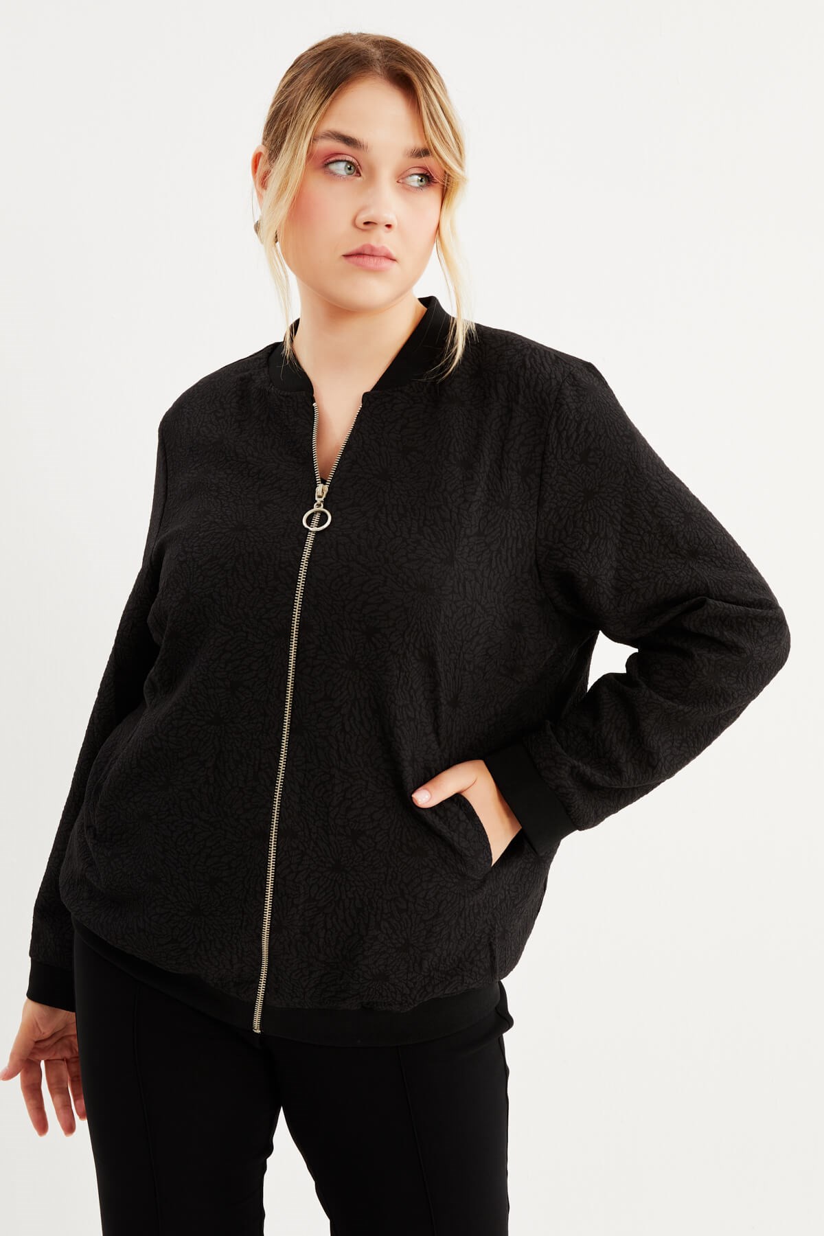 Myline-Astarlı Fermuarlı Bomber Ceket-Büyük Beden Ceket-77207