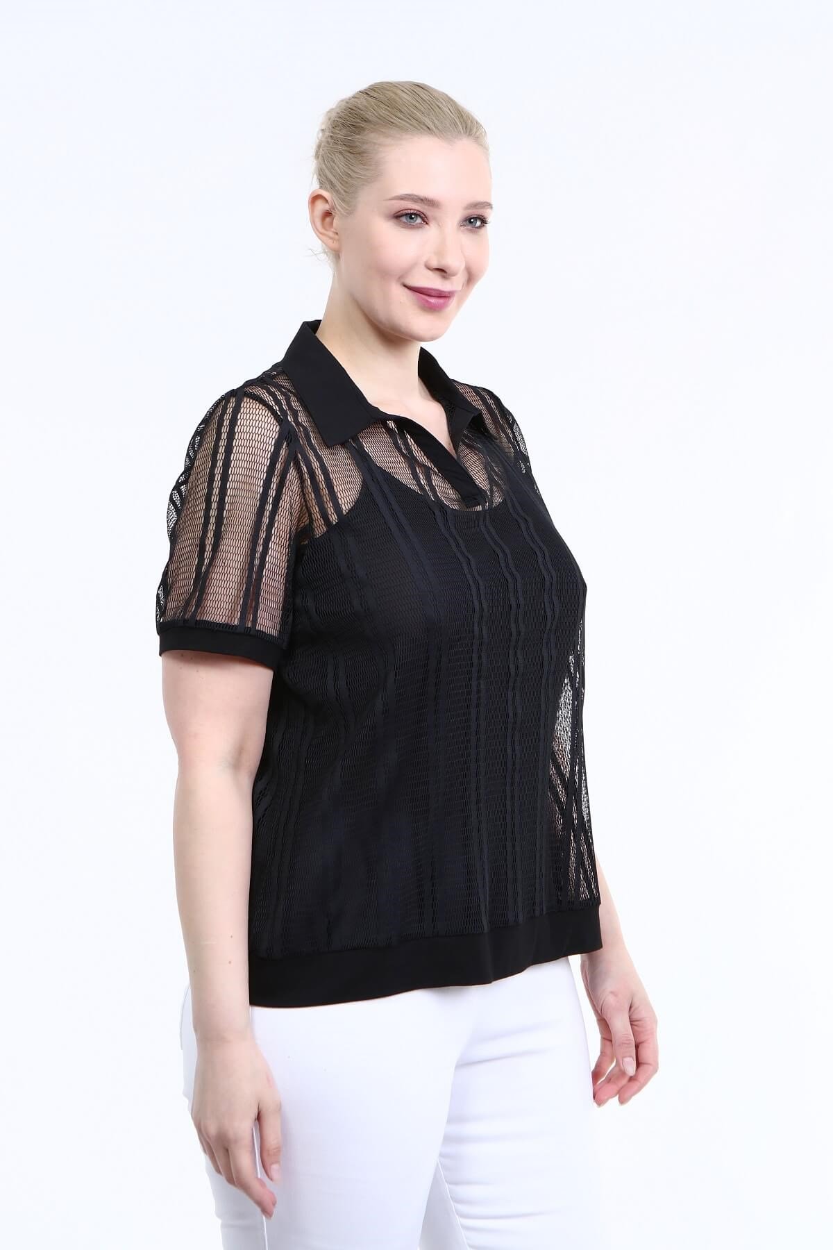 Myline-Astarlı File Detaylı Tişört-Büyük Beden Tişört-66618