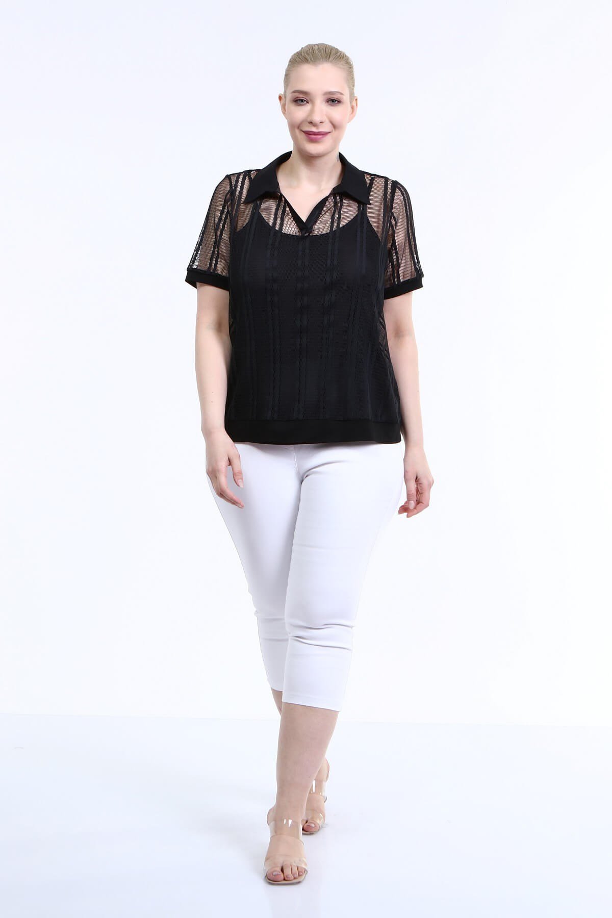 Myline-Astarlı File Detaylı Tişört-Büyük Beden Tişört-66618