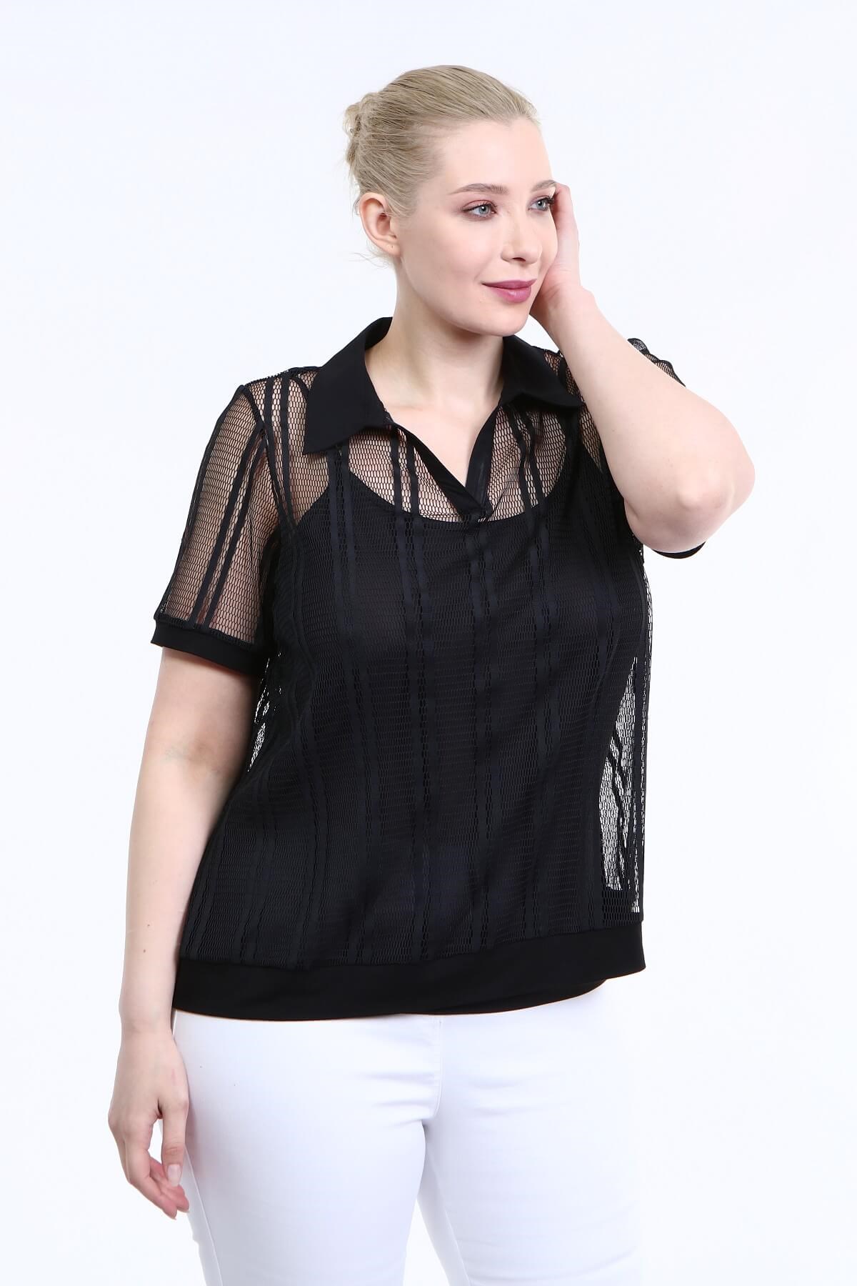 Myline-Astarlı File Detaylı Tişört-Büyük Beden Tişört-66618