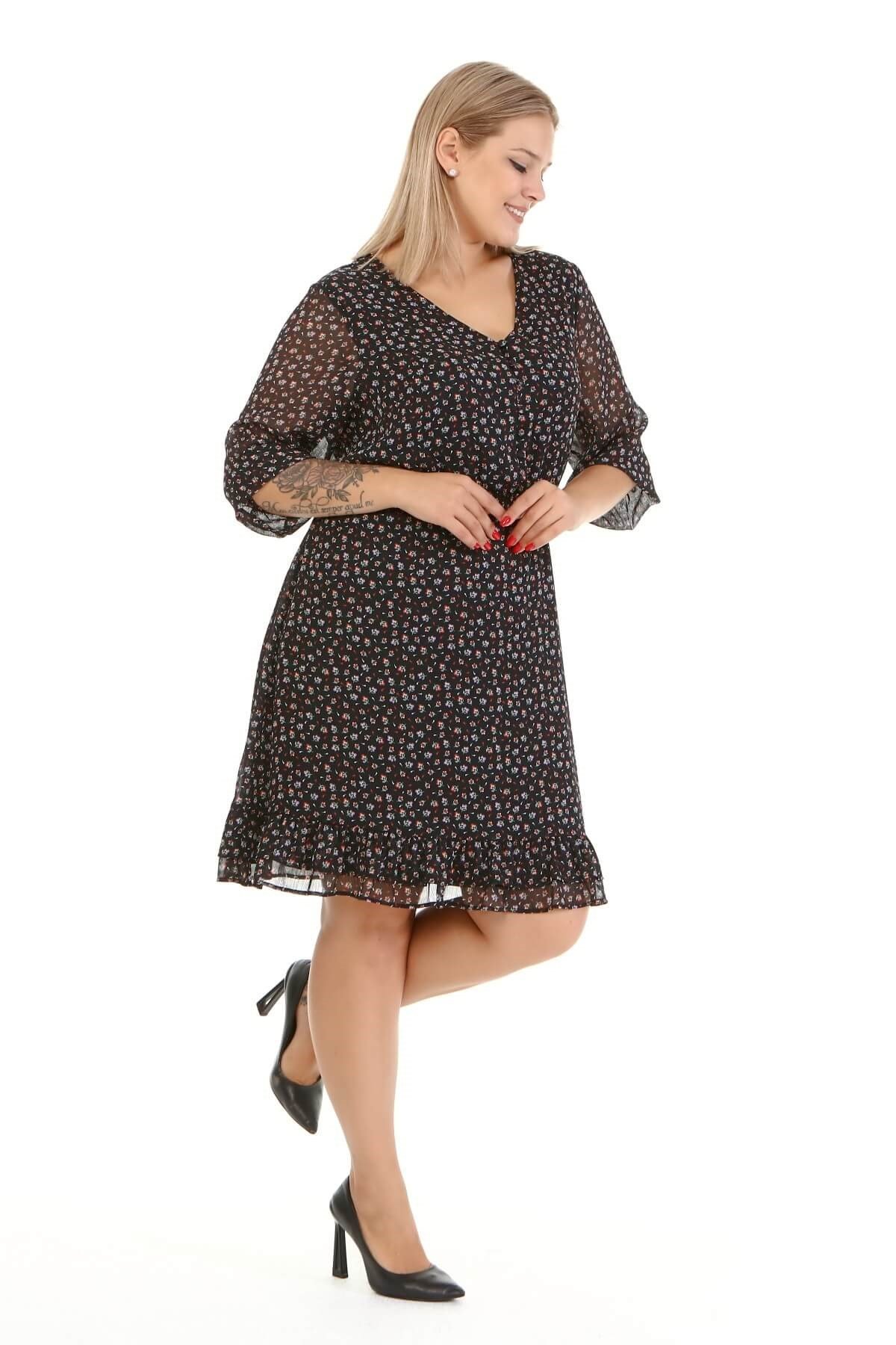 Myline-Astarlı Fırfır Detay Şifon Elbise-Büyük Beden Günlük Elbiseler-77095