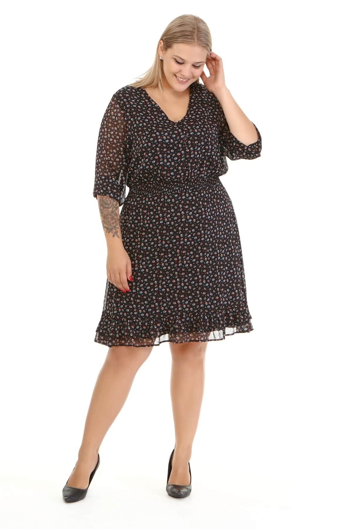 Myline-Astarlı Fırfır Detay Şifon Elbise-Büyük Beden Günlük Elbiseler-77095