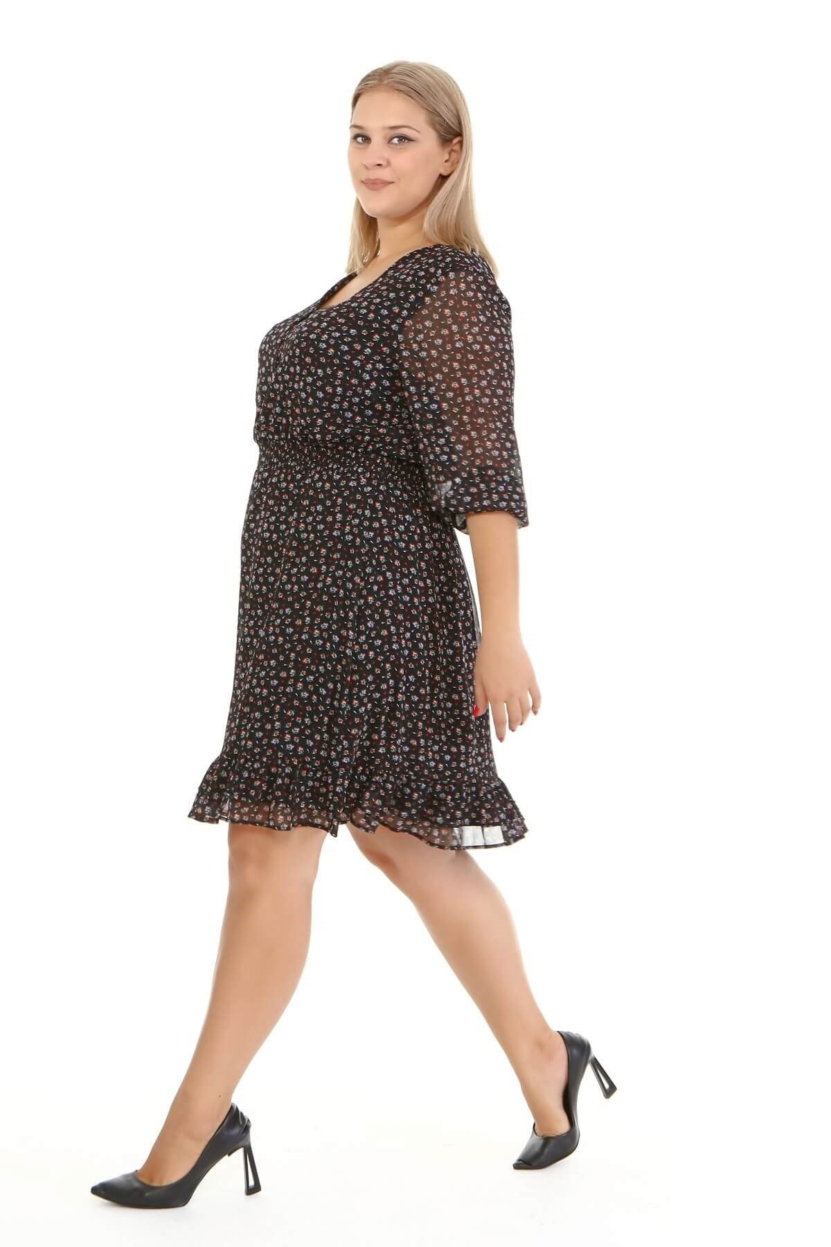 Myline-Astarlı Fırfır Detay Şifon Elbise-Büyük Beden Günlük Elbiseler-77095