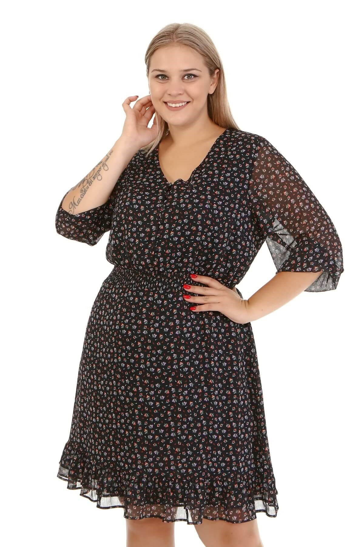 Myline-Astarlı Fırfır Detay Şifon Elbise-Büyük Beden Günlük Elbiseler-77095