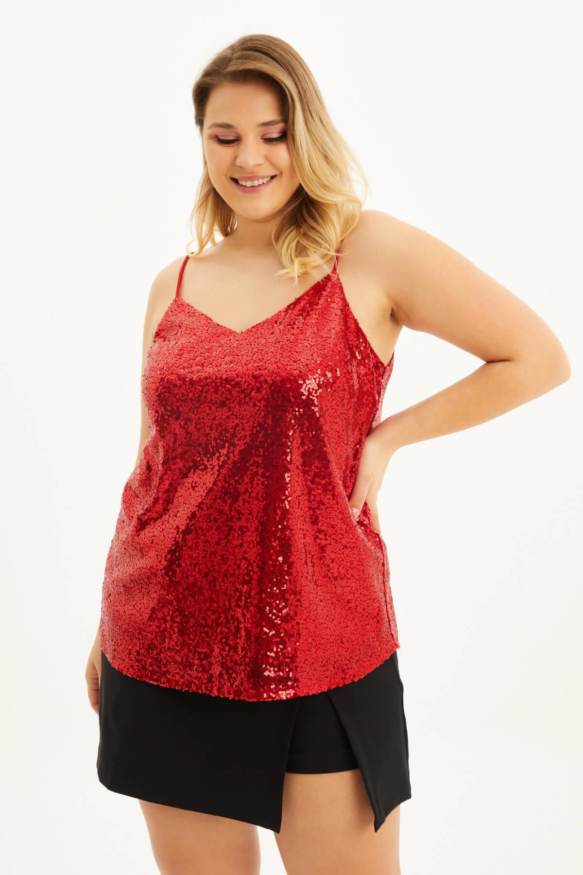 Myline-Astarlı İp Askılı Payetli Bluz-Büyük Beden Bluz-118374