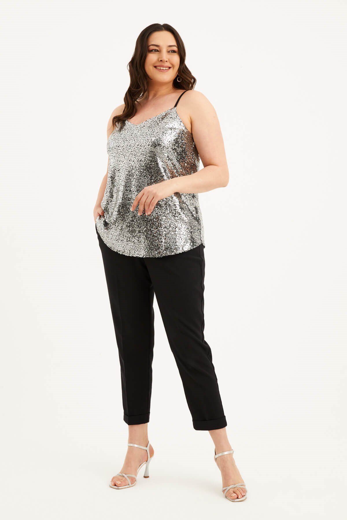 Myline-Astarlı İp Askılı Payetli Bluz-Büyük Beden Bluz-77545