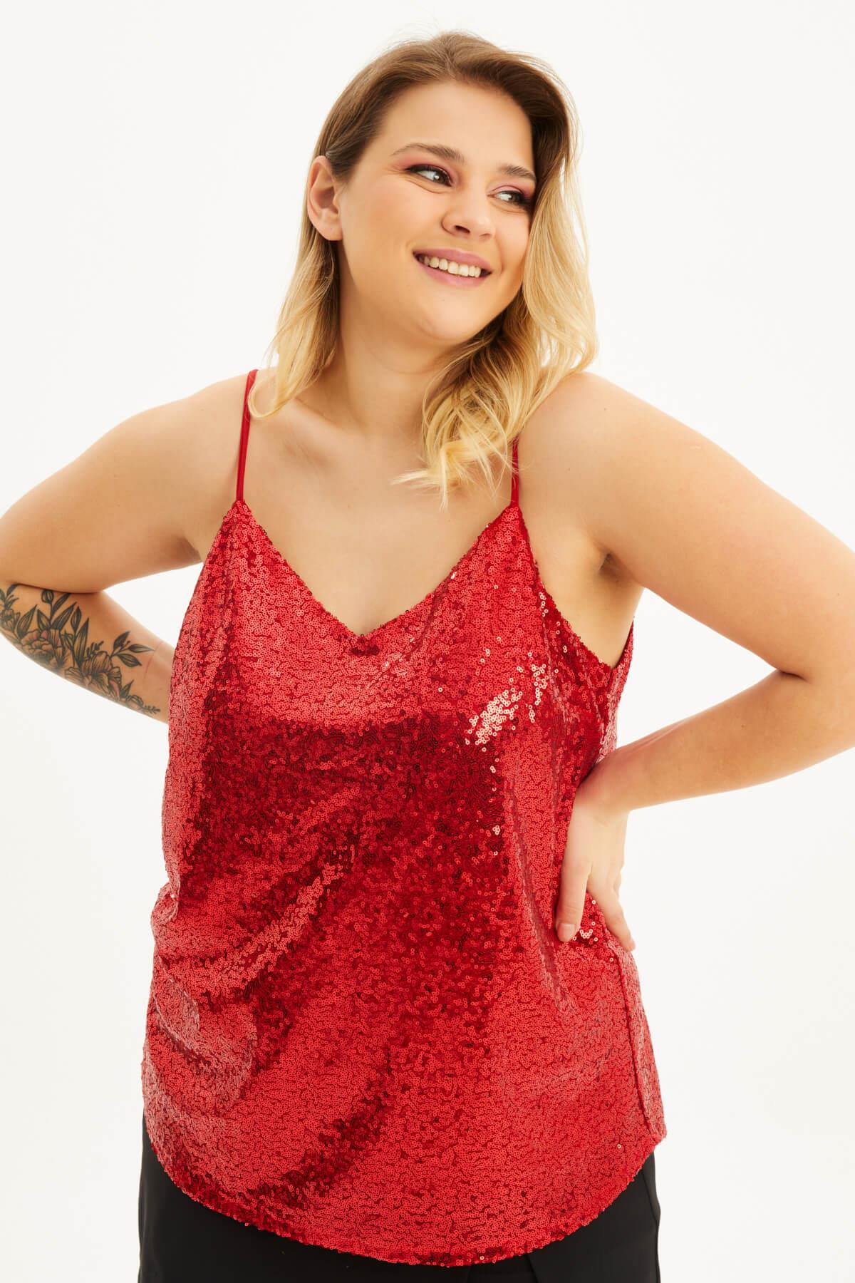 Myline-Astarlı İp Askılı Payetli Bluz-Büyük Beden Bluz-118374