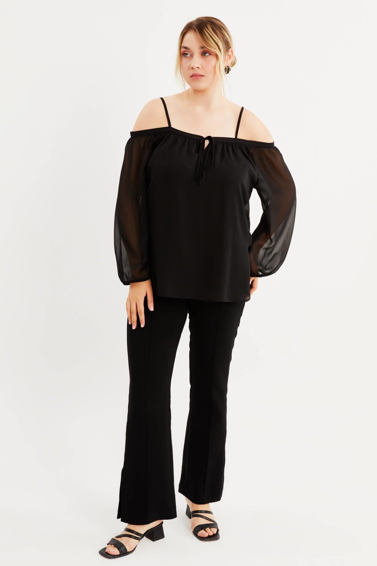 Myline-Astarlı Karmen Yaka Şifon Bluz-Büyük Beden Bluz-87897