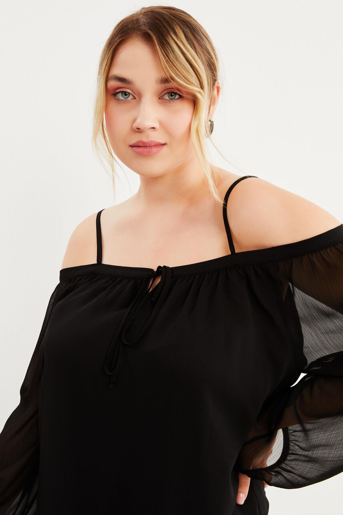 Myline-Astarlı Karmen Yaka Şifon Bluz-Büyük Beden Bluz-87897