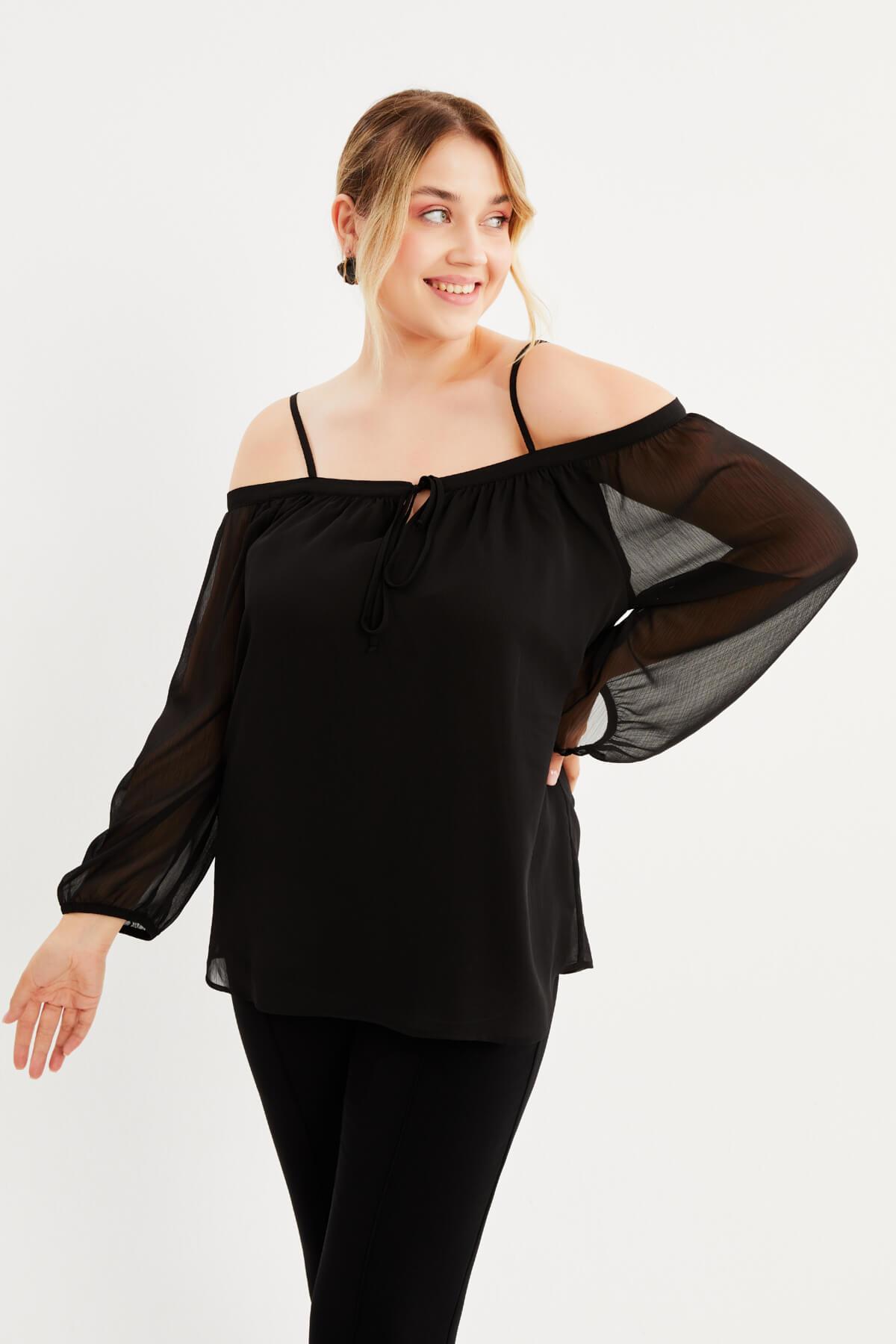 Myline-Astarlı Karmen Yaka Şifon Bluz-Büyük Beden Bluz-87897