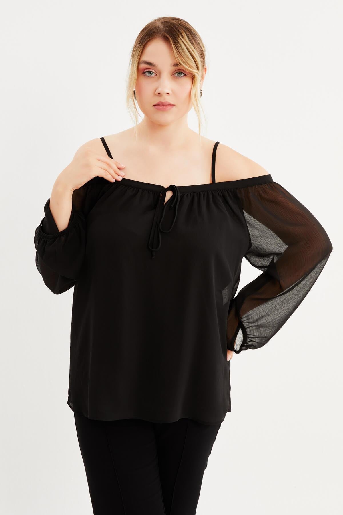 Myline-Astarlı Karmen Yaka Şifon Bluz-Büyük Beden Bluz-87897