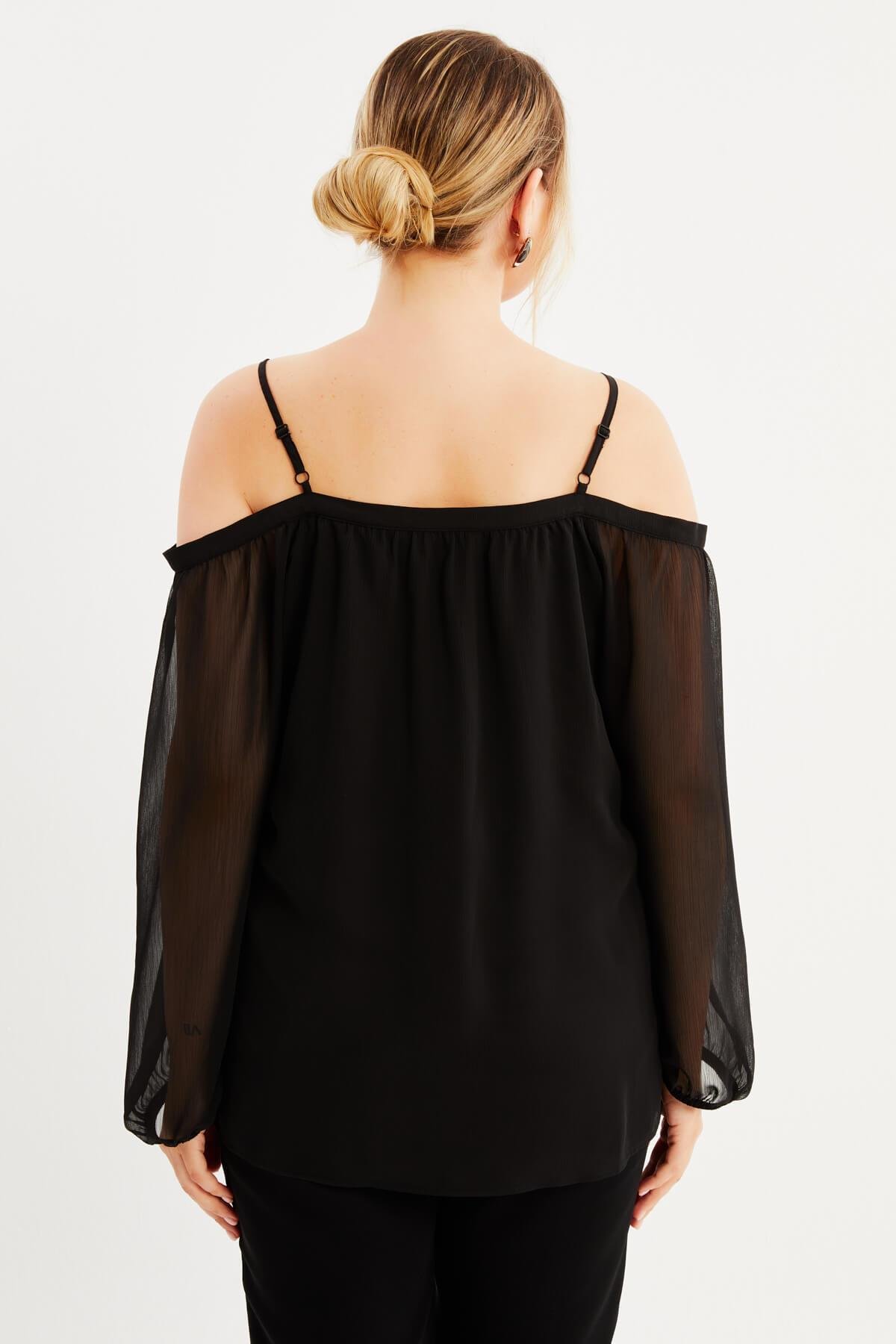 Myline-Astarlı Karmen Yaka Şifon Bluz-Büyük Beden Bluz-87897