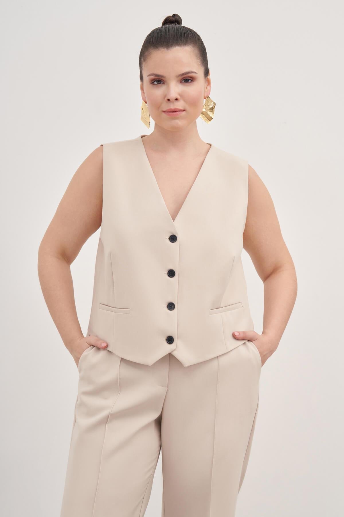 Myline-Astarlı Klasik Yelek-Büyük Beden Hırka-129016