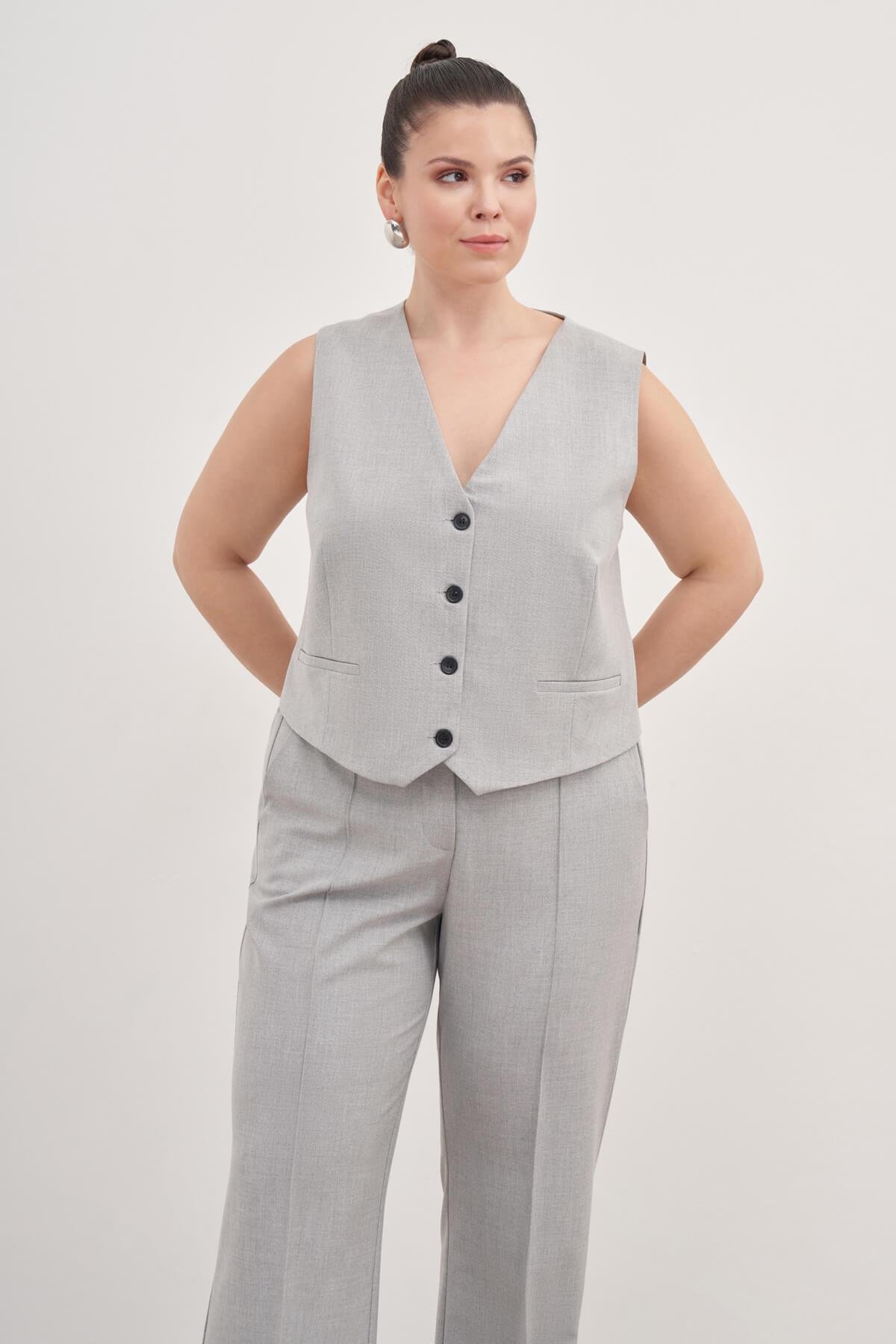 Myline-Astarlı Klasik Yelek-Büyük Beden Hırka-129019