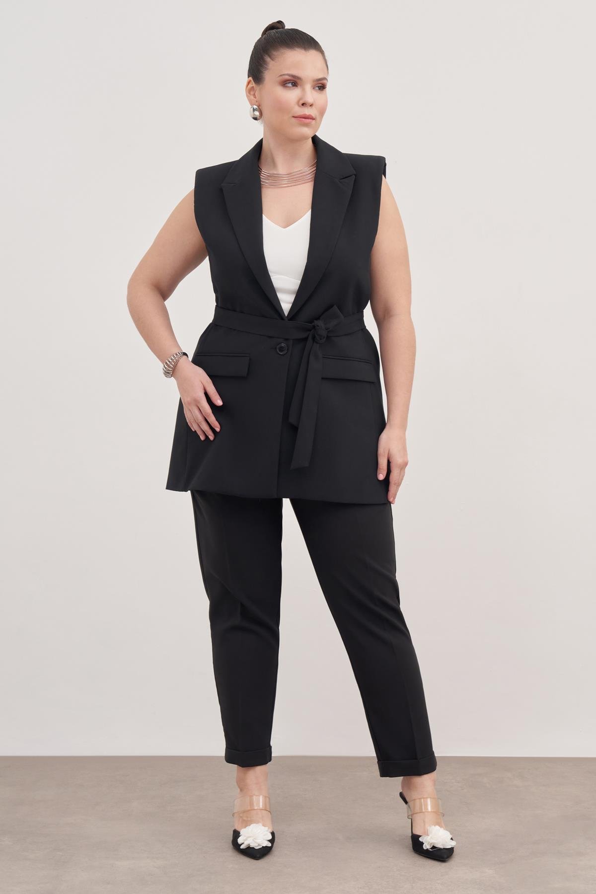 Myline-Astarlı Kuşaklı Uzun Yelek -Büyük Beden Ceket-128776