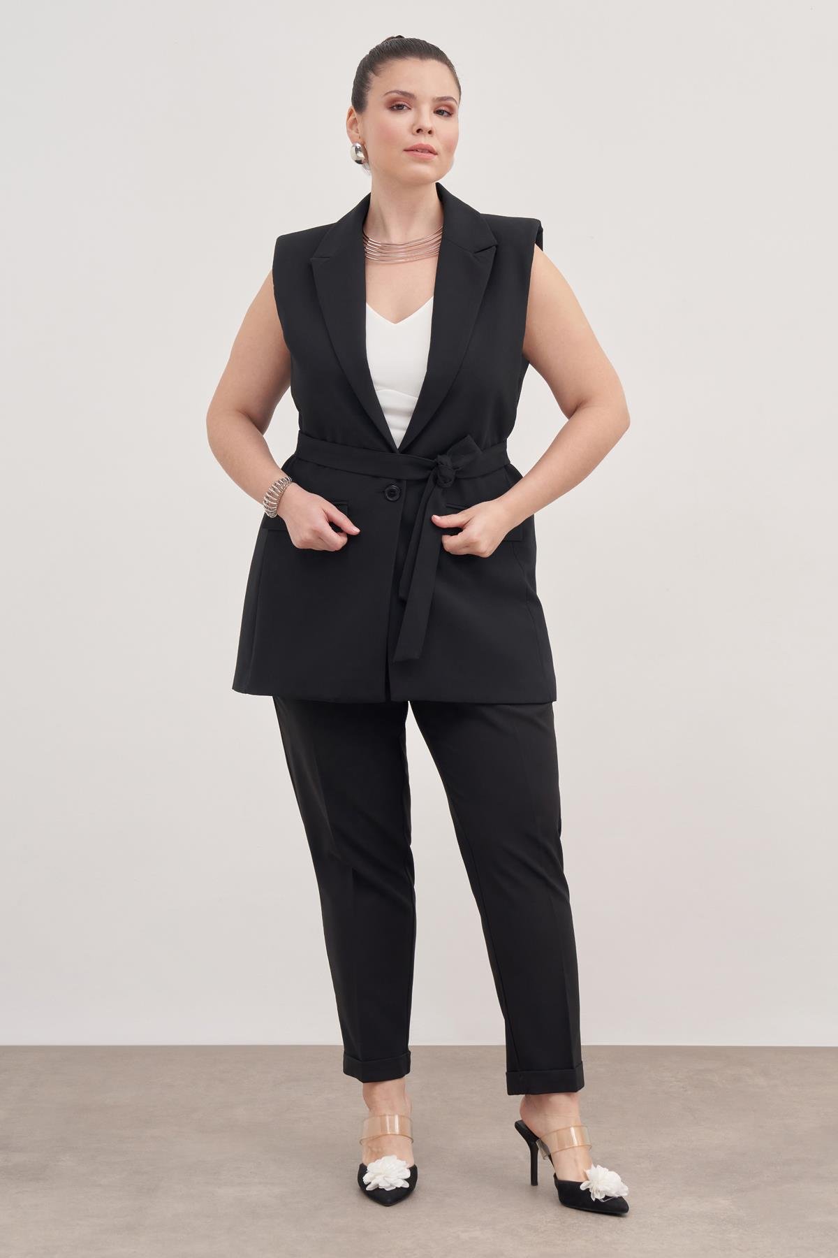 Myline-Astarlı Kuşaklı Uzun Yelek -Büyük Beden Ceket-128776