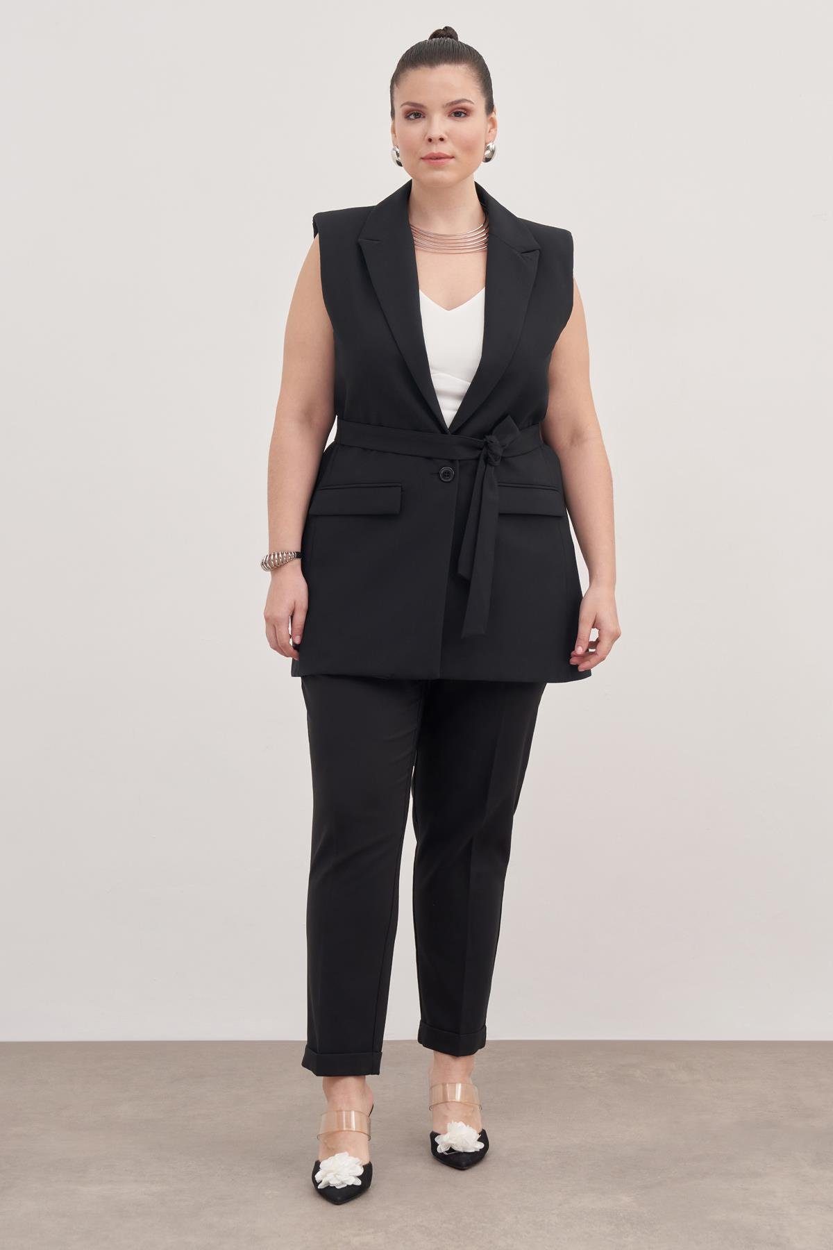 Myline-Astarlı Kuşaklı Uzun Yelek -Büyük Beden Ceket-128776