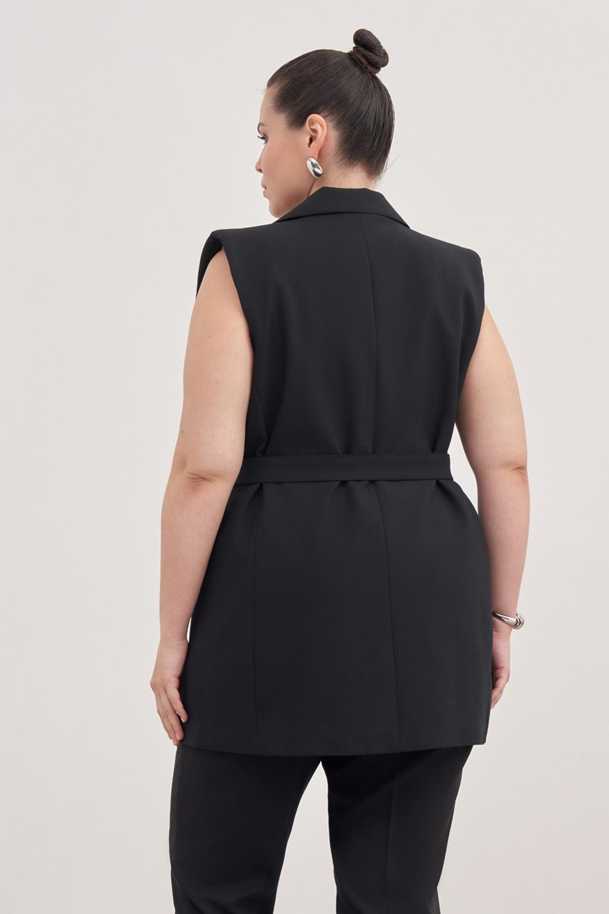 Myline-Astarlı Kuşaklı Uzun Yelek -Büyük Beden Ceket-128776