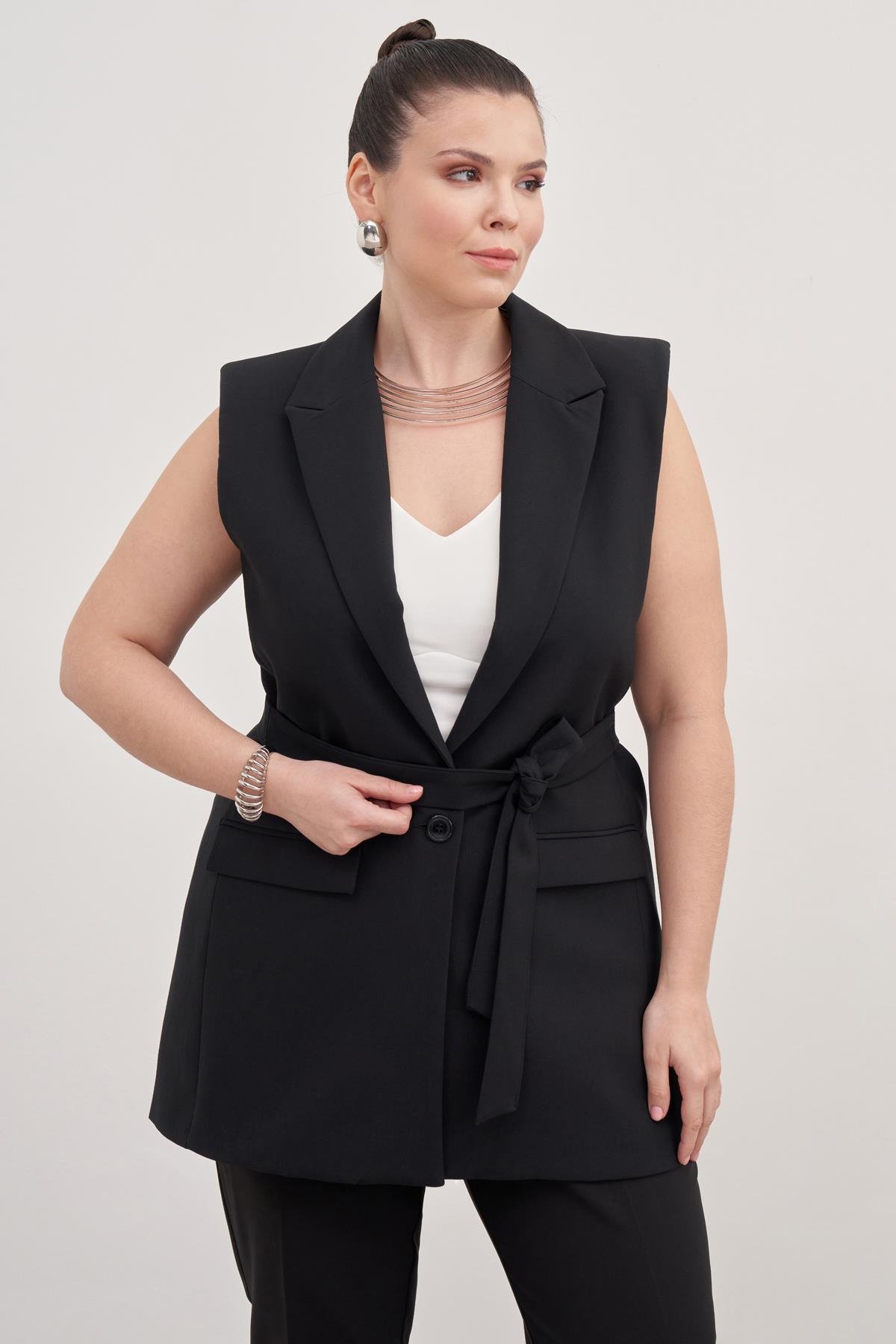 Myline-Astarlı Kuşaklı Uzun Yelek -Büyük Beden Ceket-128776