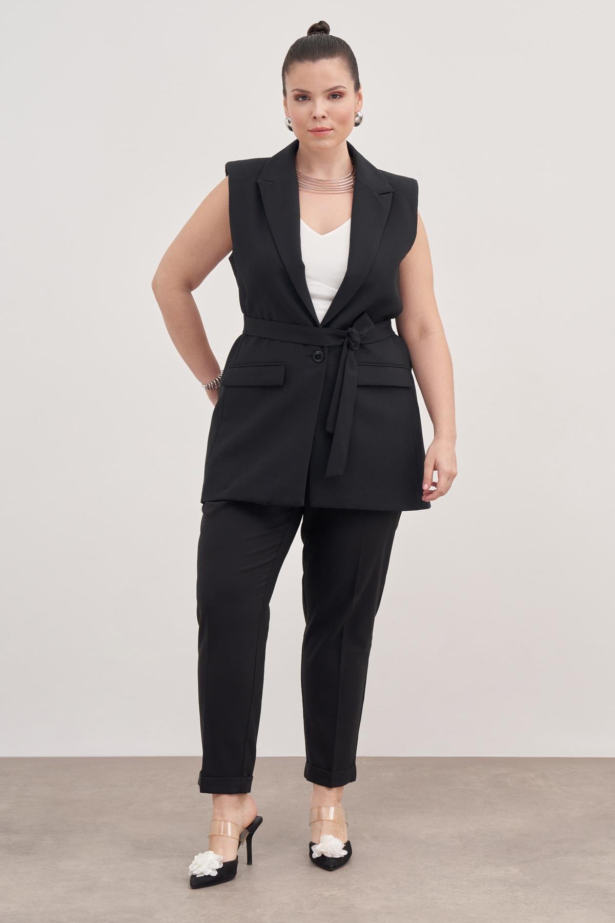 Myline-Astarlı Kuşaklı Uzun Yelek -Büyük Beden Ceket-128776