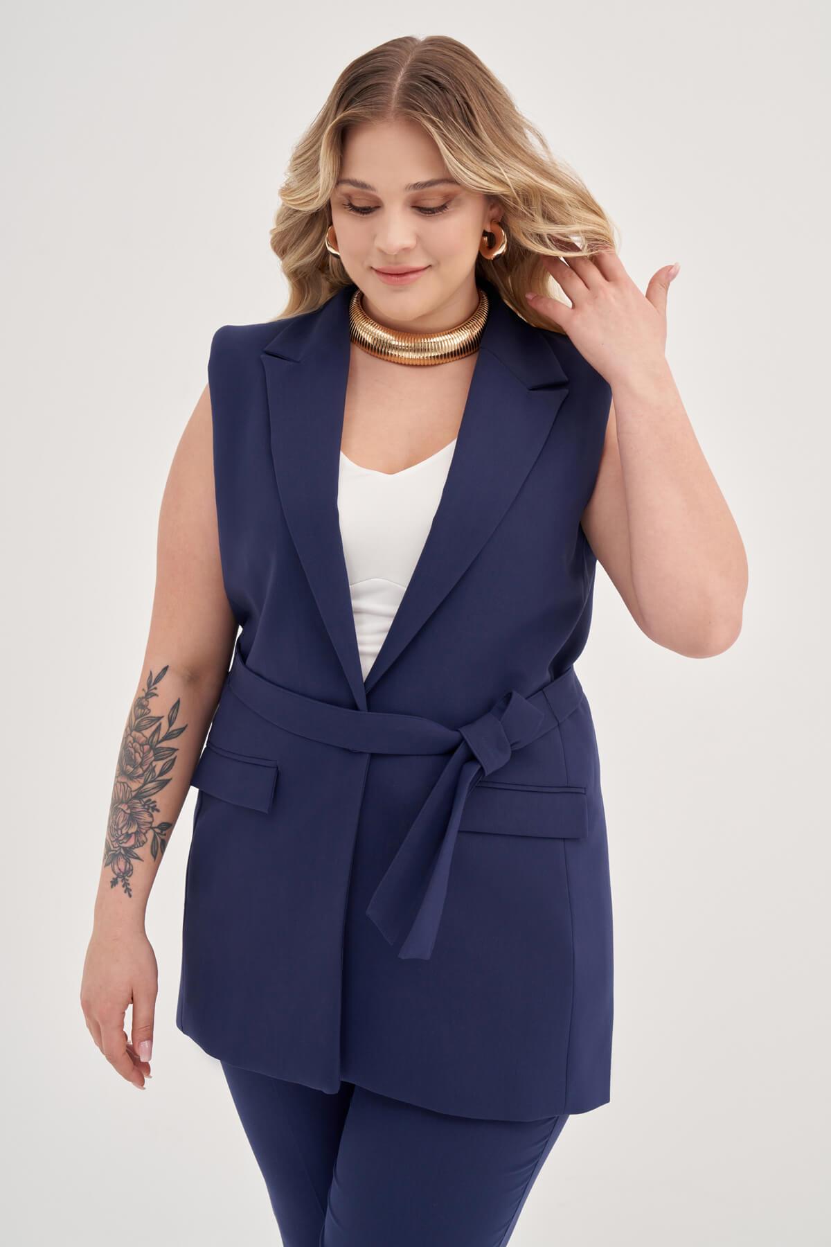 Myline-Astarlı Kuşaklı Uzun Yelek-Büyük Beden Ceket-129022