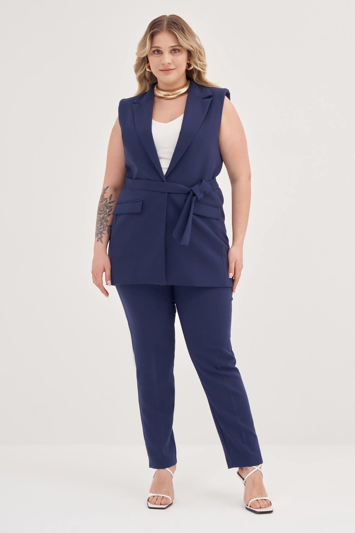 Myline-Astarlı Kuşaklı Uzun Yelek-Büyük Beden Ceket-129022