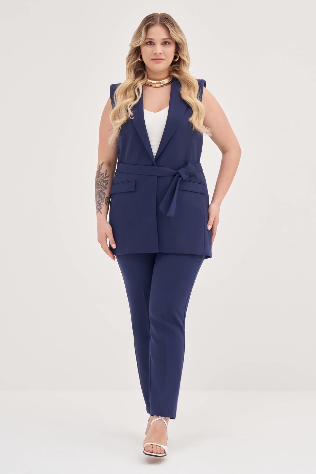 Myline-Astarlı Kuşaklı Uzun Yelek-Büyük Beden Ceket-129022