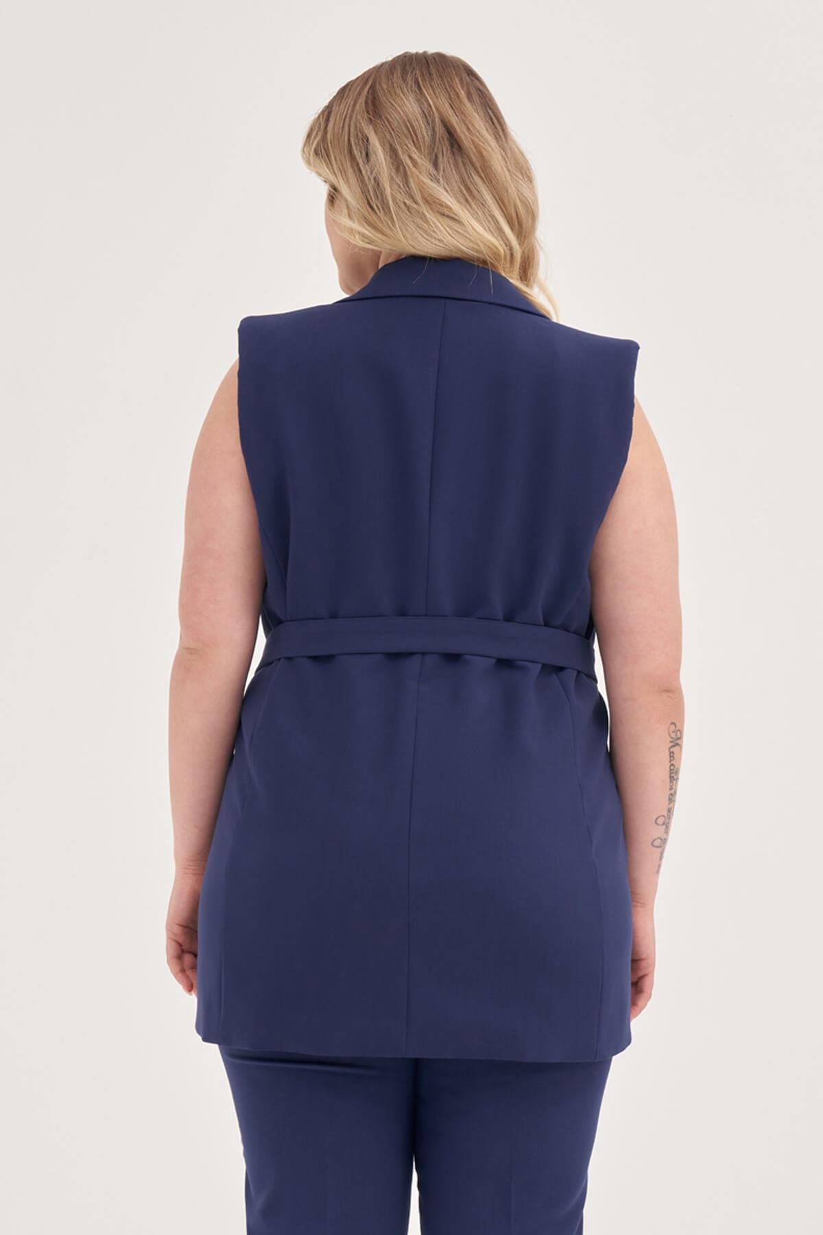 Myline-Astarlı Kuşaklı Uzun Yelek-Büyük Beden Ceket-129022