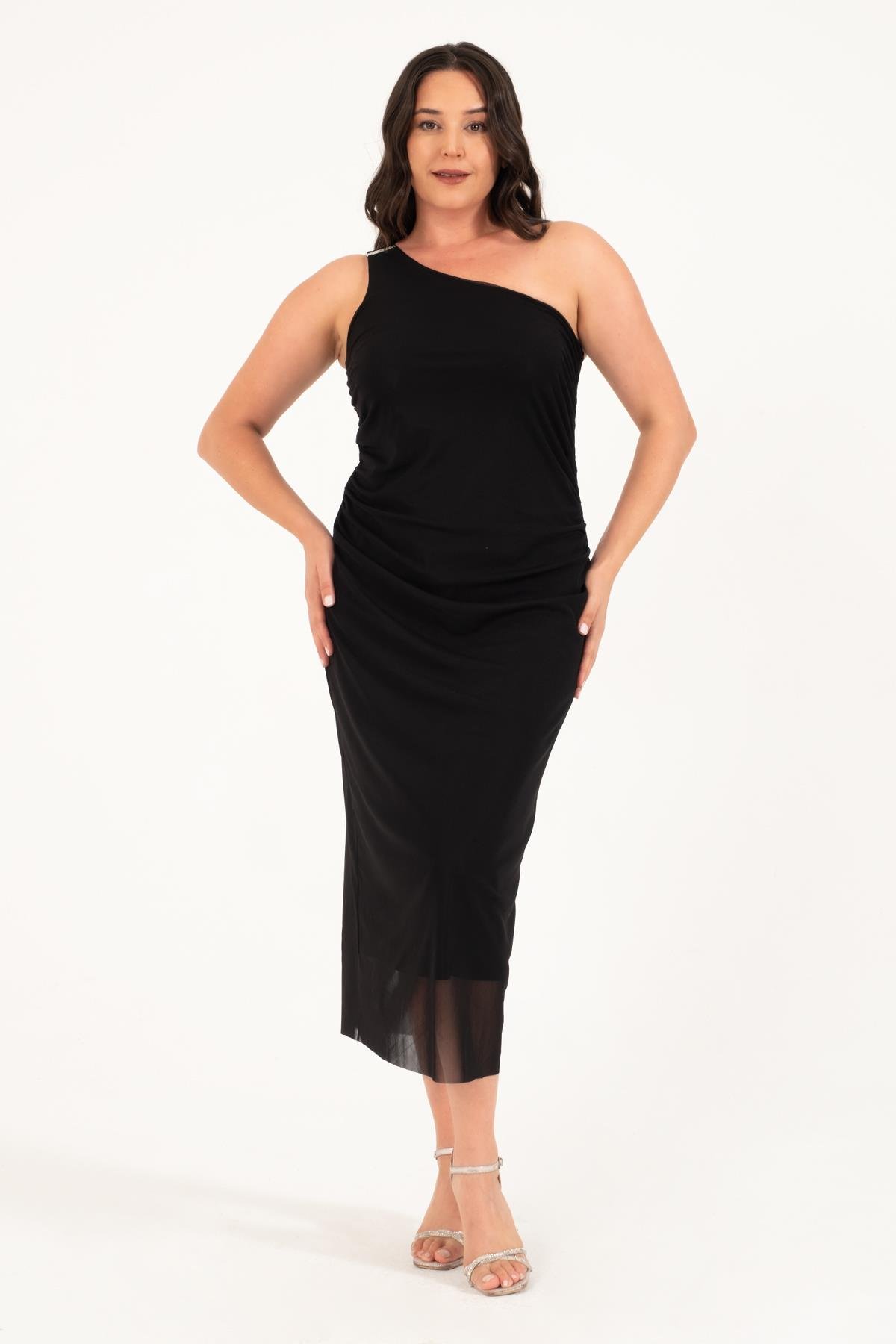 Myline-Astarlı Metalik Toka Detay Tül Elbise-Büyük Beden Abiye Elbise-128868