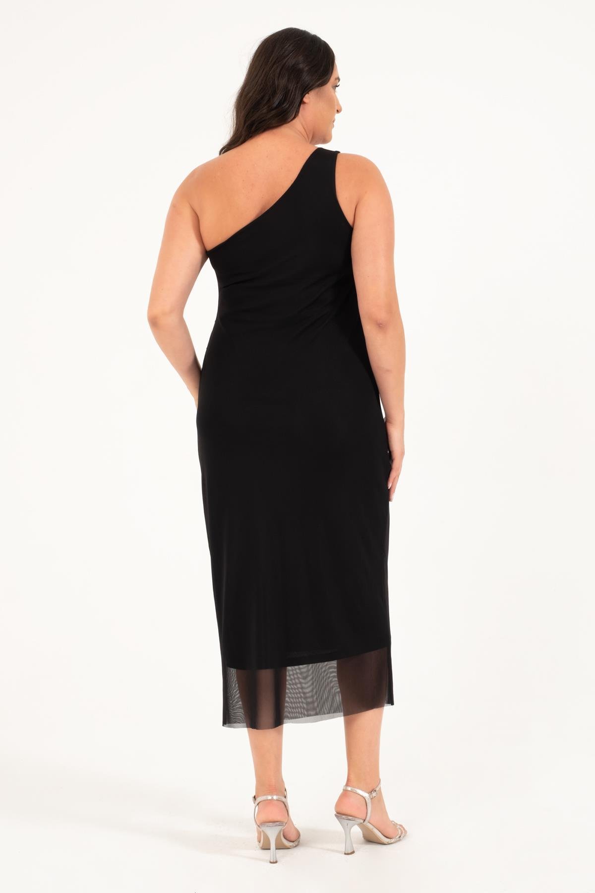 Myline-Astarlı Metalik Toka Detay Tül Elbise-Büyük Beden Abiye Elbise-128868