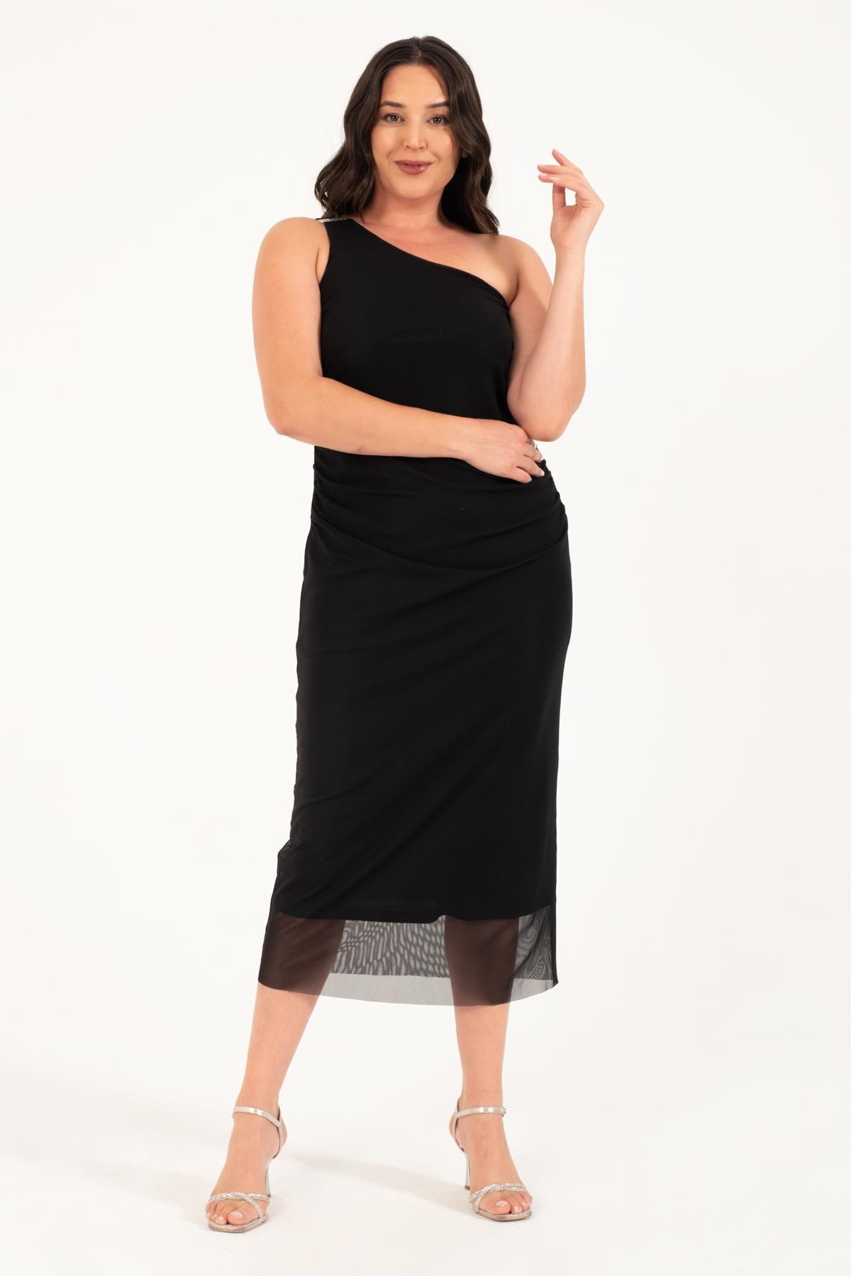 Myline-Astarlı Metalik Toka Detay Tül Elbise-Büyük Beden Abiye Elbise-128868