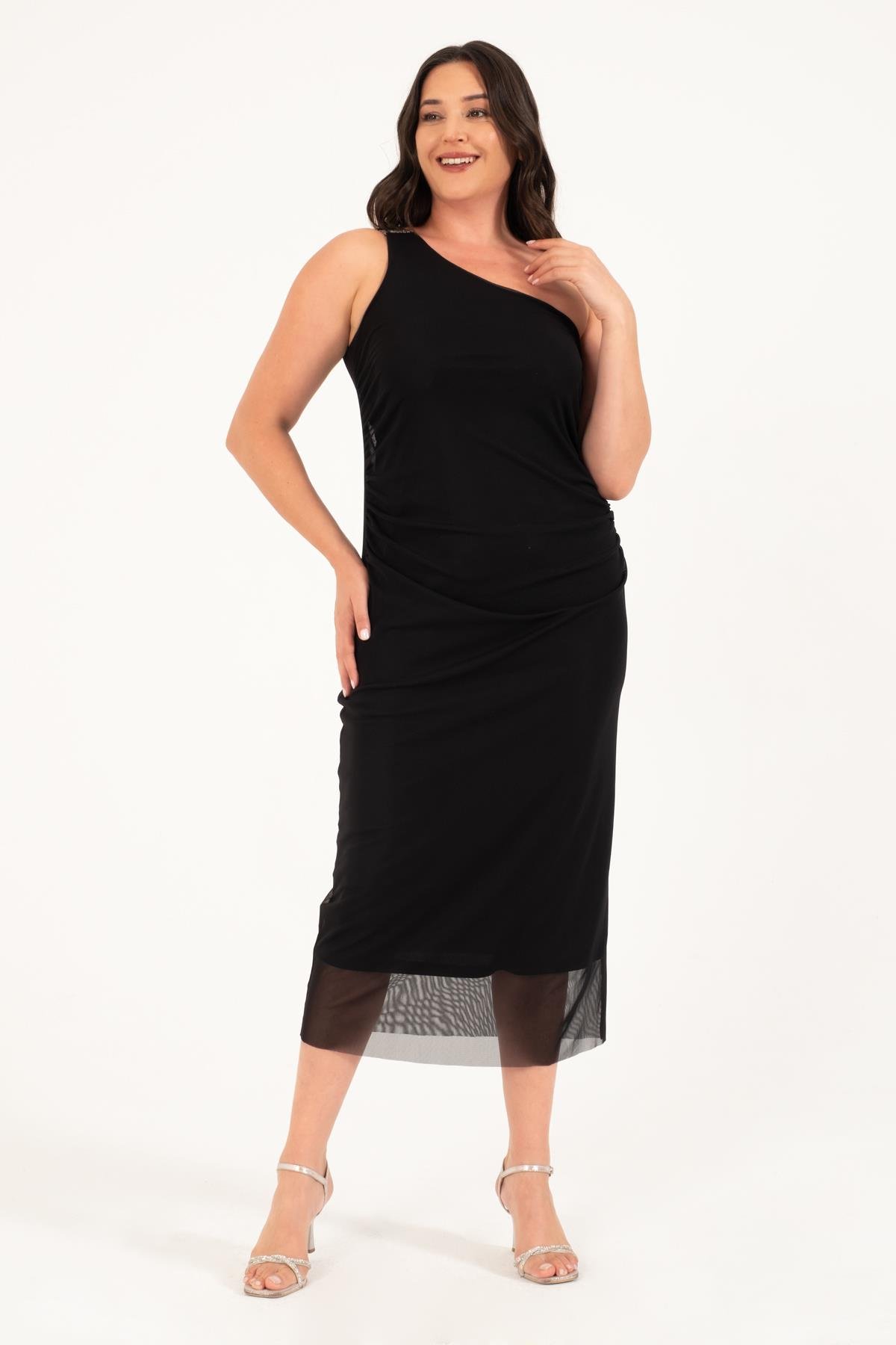 Myline-Astarlı Metalik Toka Detay Tül Elbise-Büyük Beden Abiye Elbise-128868