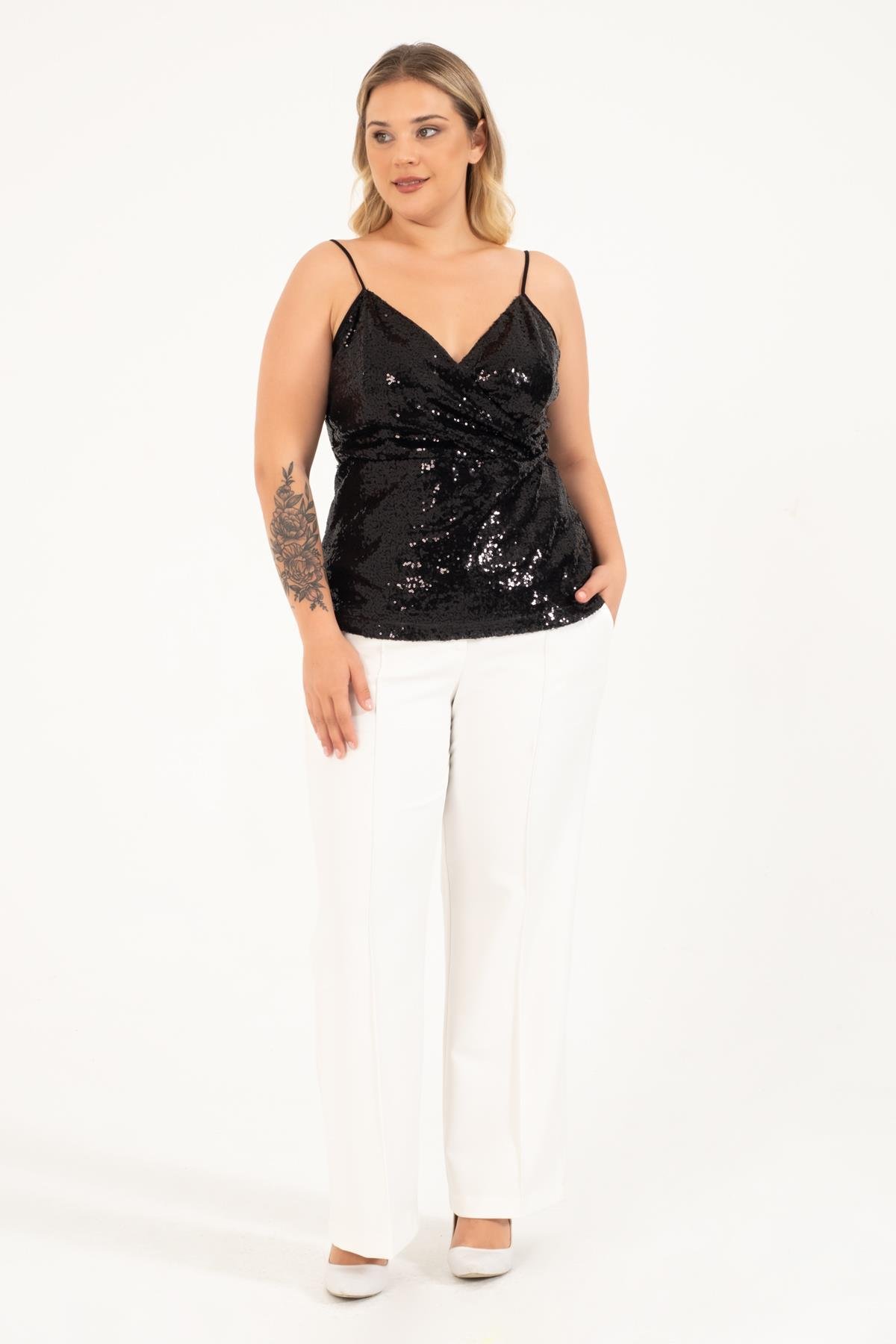 Myline-Astarlı Payetli Anvelop Bluz-Büyük Beden Bluz-128736