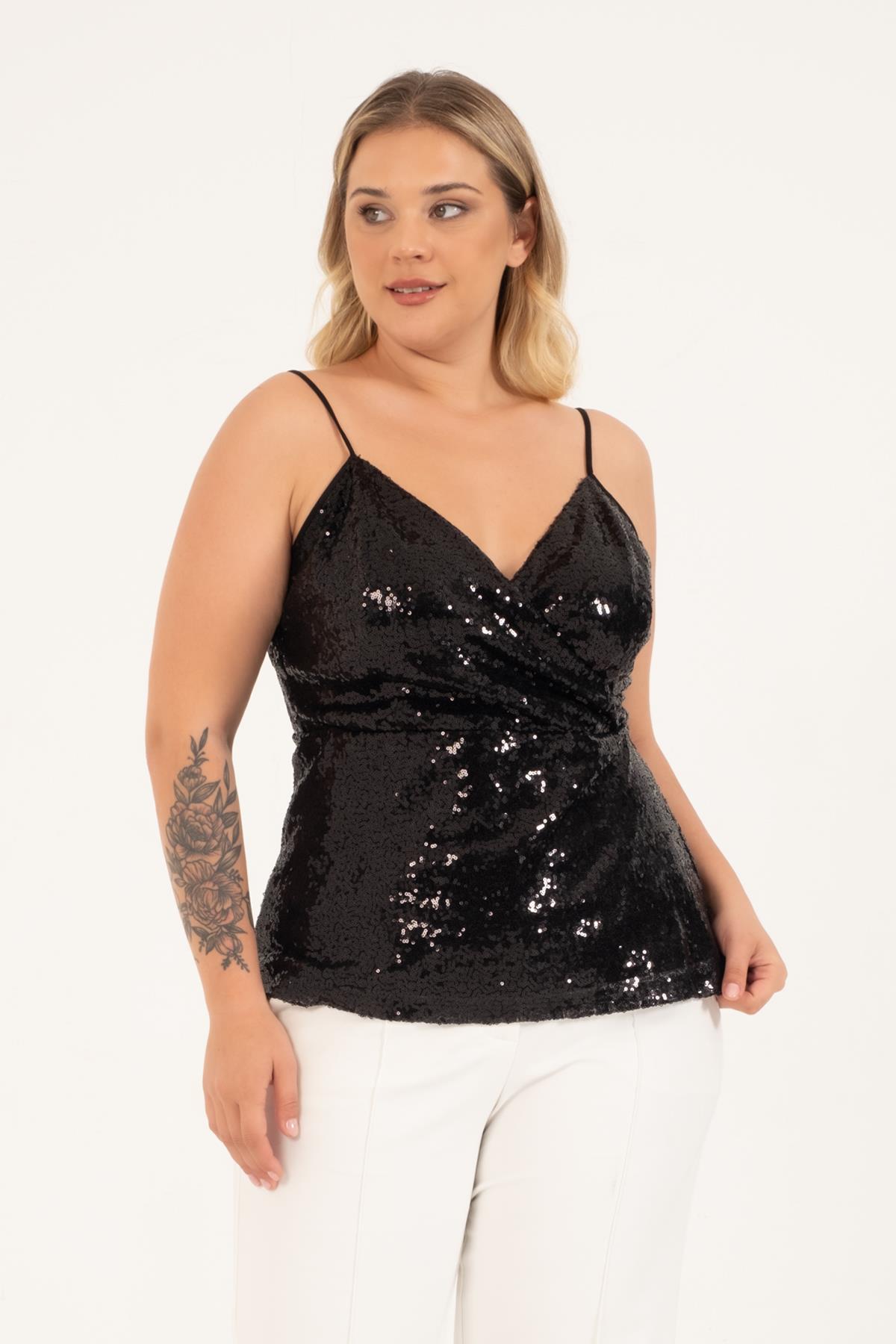 Myline-Astarlı Payetli Anvelop Bluz-Büyük Beden Bluz-128736